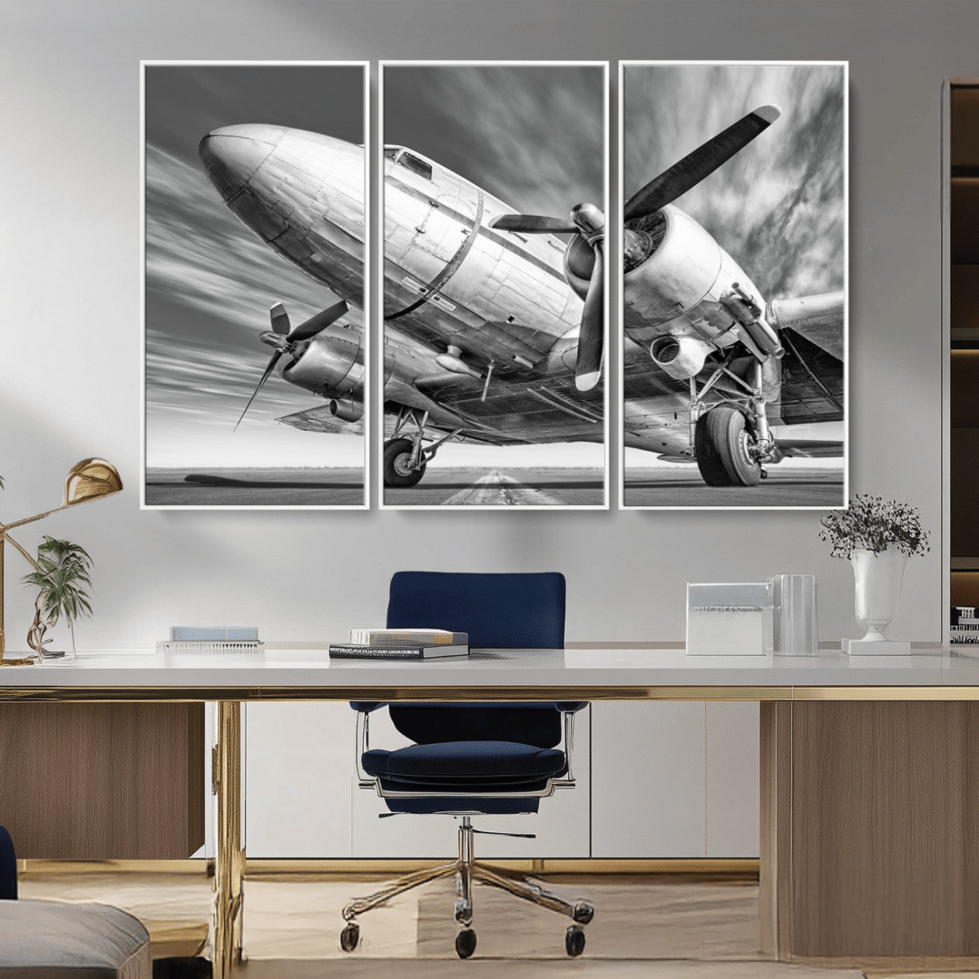 82744-MGV-FC-48X32-3P_White-Vintage Airplane on Runway Canvas Print