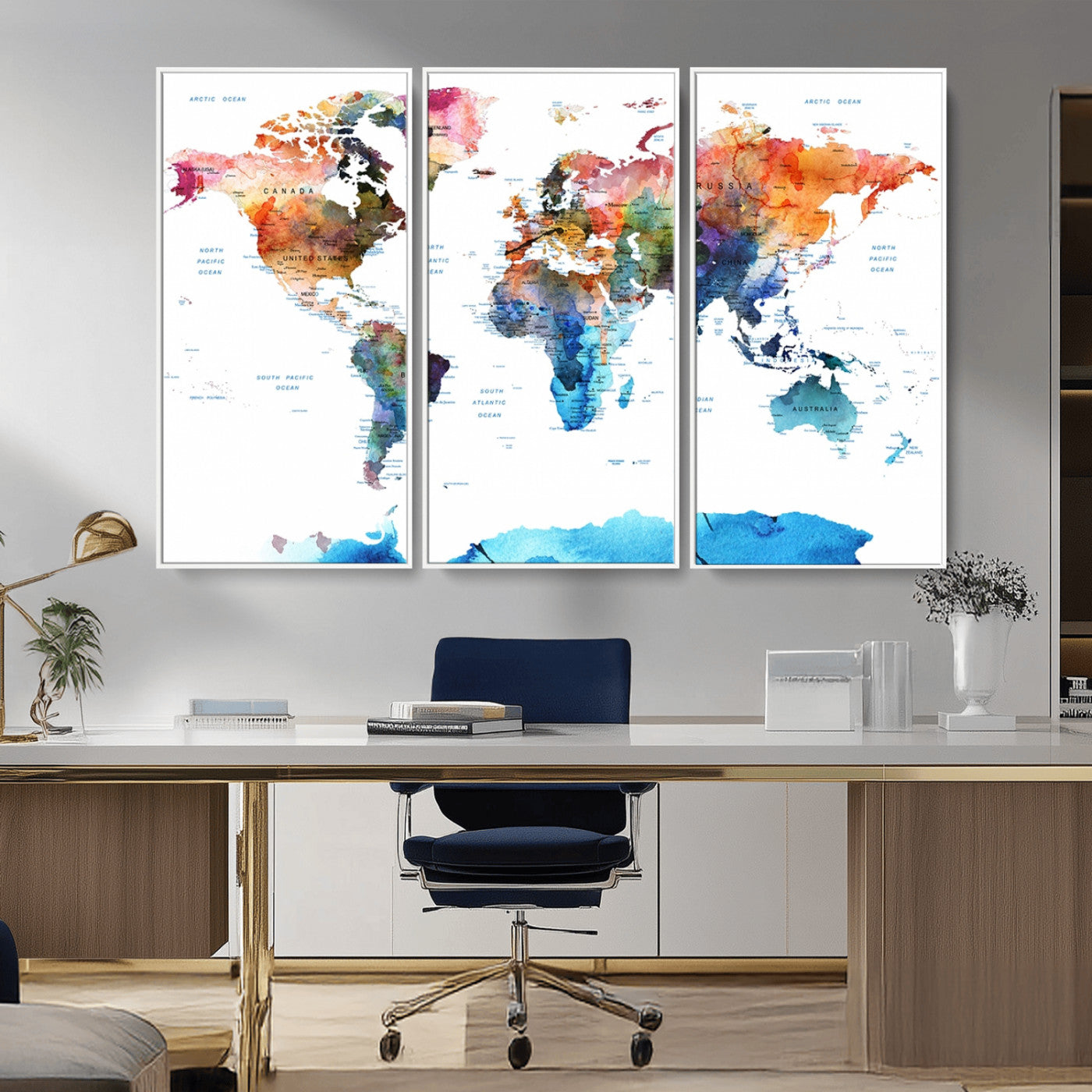 11576-MGV-FC-48X32-3P_White-Vibrant Watercolor World Map Canvas Wall Art – Framed Push Pin Travel Map for Home and Office Decor, Modern Colorful Wall Artwork