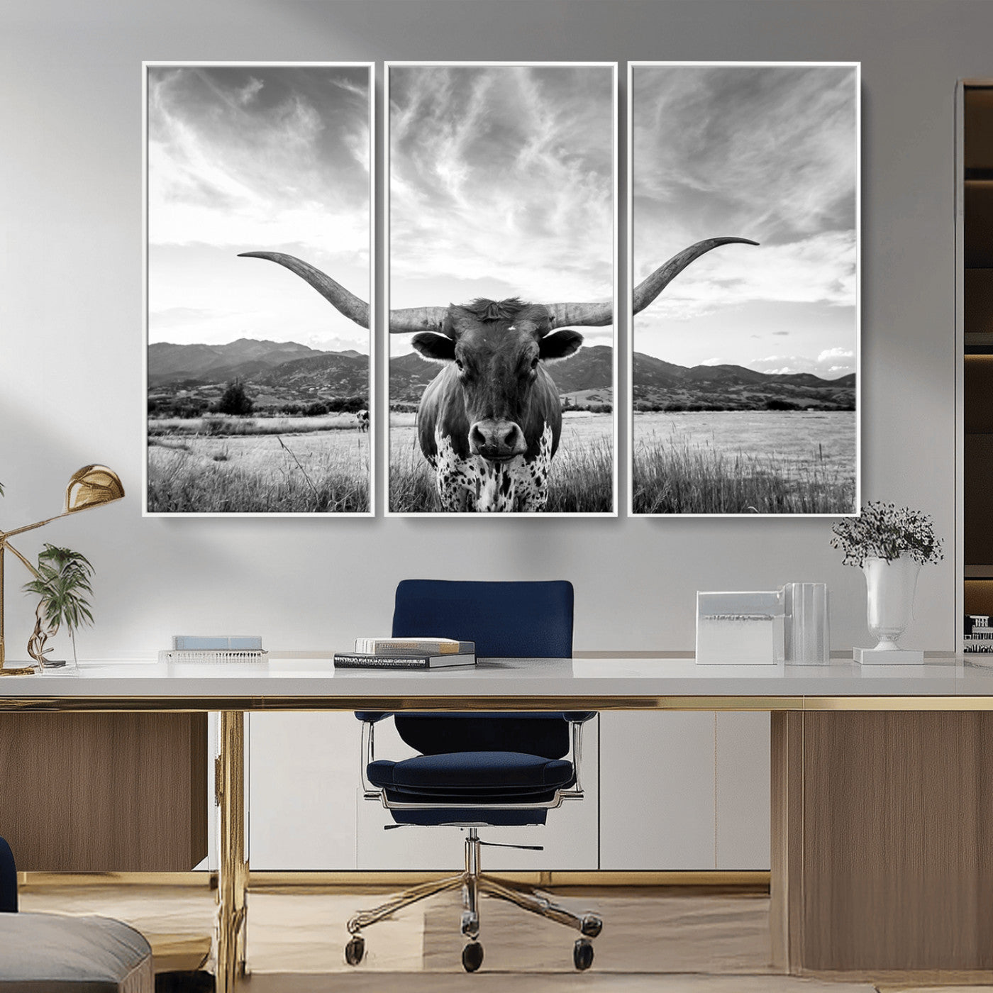 79527-MGV-FC-48X32-3P_White-Longhorn Black and White Wall Art – Rustic Western Bull Canvas Print, Farmhouse Country Decor for Living Room, Office or Ranch, Cowboy Wall Artwork