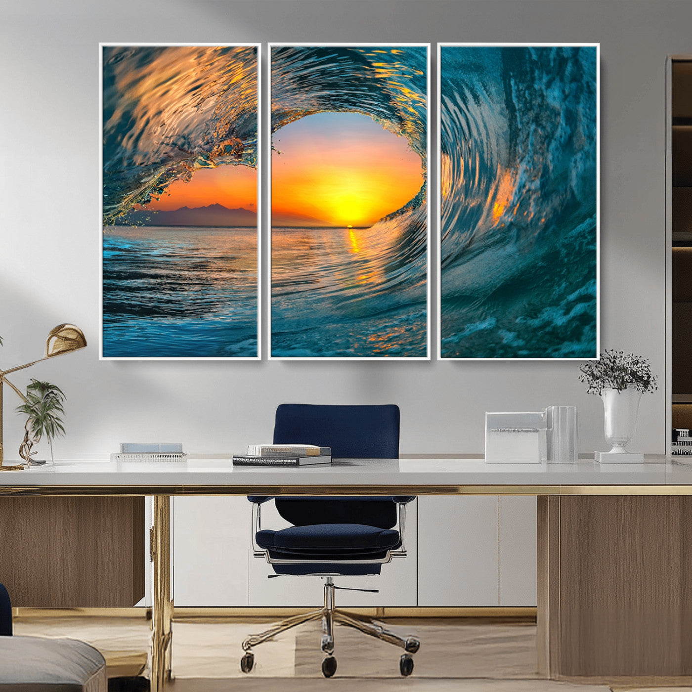 84279-MGV-FC-48X32-3P_White-Ocean Wave Sunset Wall Art | Large Coastal Wave Canvas Print | 3-Panel Ocean Sunset Seascape for