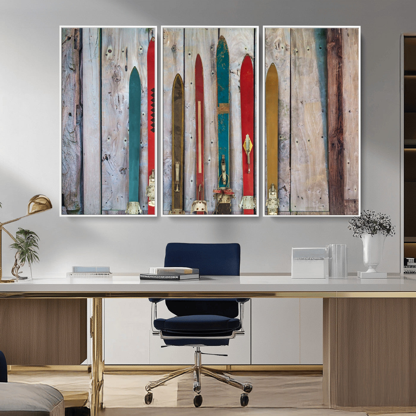 -Vintage Wooden Weathered Ski's in Front of an Old Barn Wall Art Canvas Print for Farmhouse, Cabin