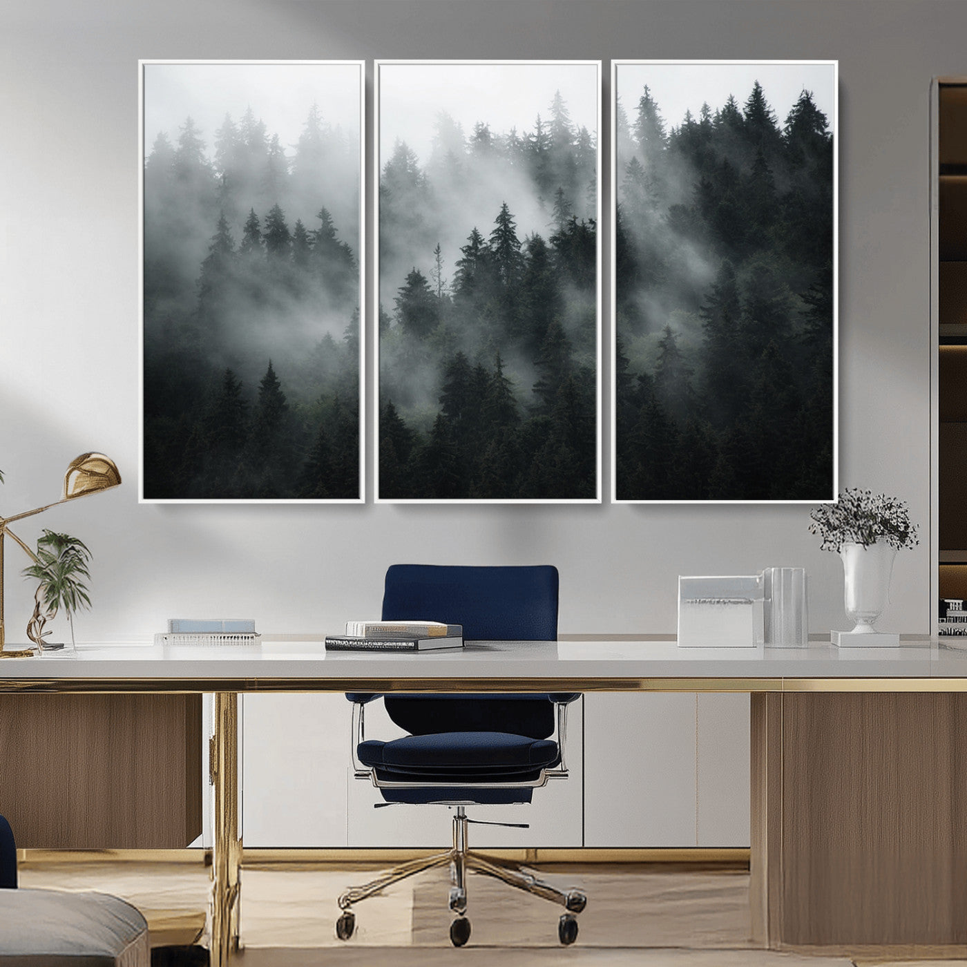 52359-MGV-FC-48X32-3P_White-Foggy Forest Wall Art Canvas Print | 3 Panel Large Misty Landscape for Dining Room, Office, or