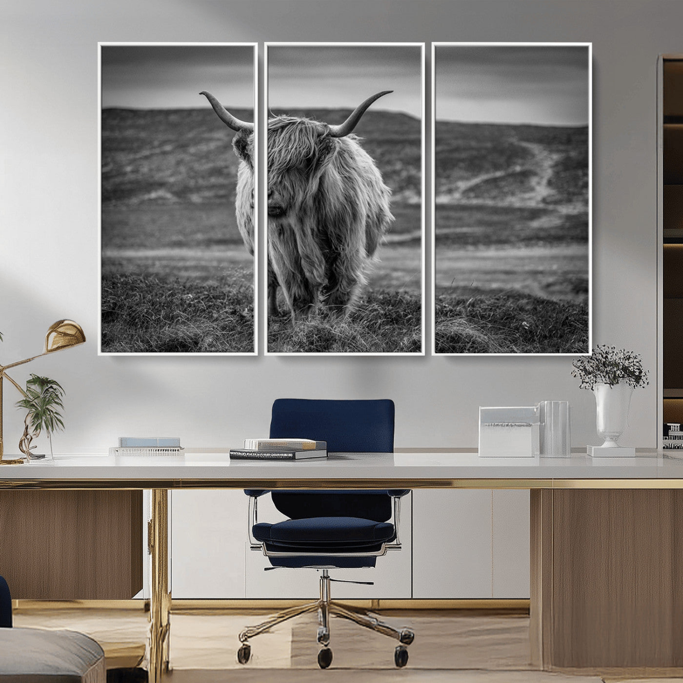 -Fluffy Cattle Wall Art Print, Highland Cow Canvas, Framed Black and white Wall Art