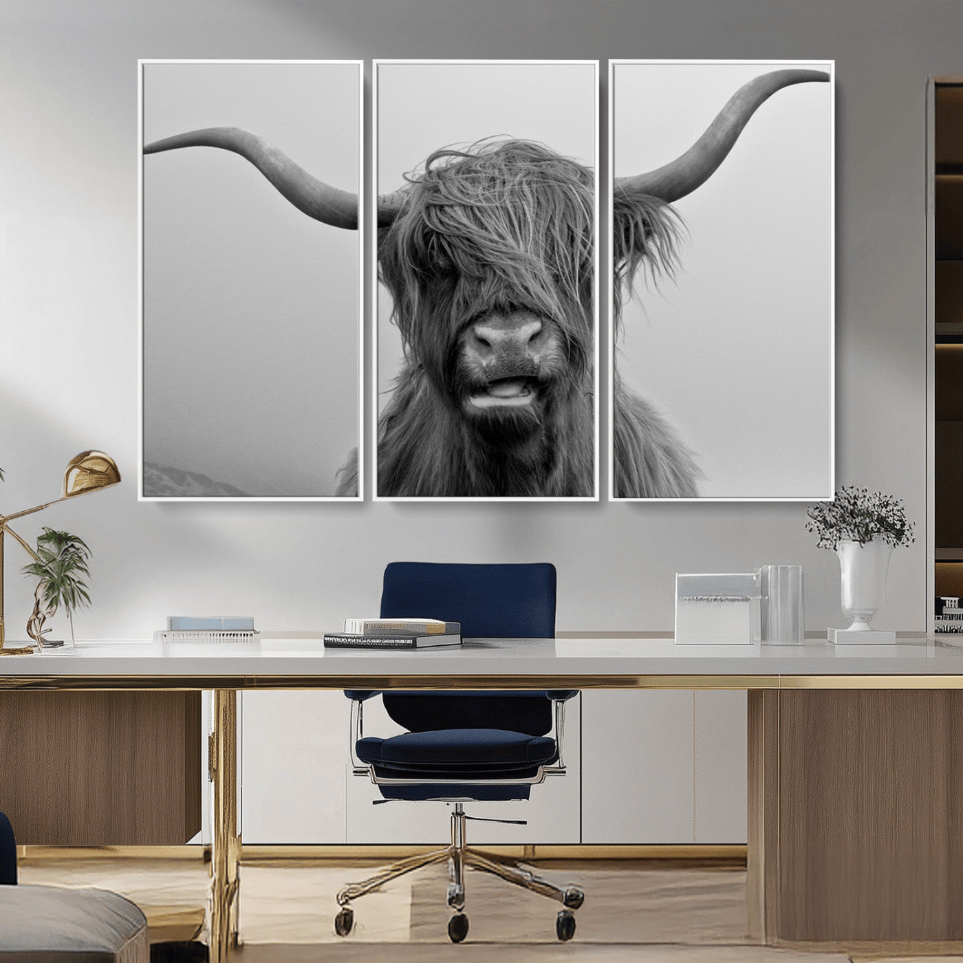 50834-MGV-FC-48X32-3P_White-Texas Cow Wall Art Canvas, Texas Longhorn Cattle Canvas Print