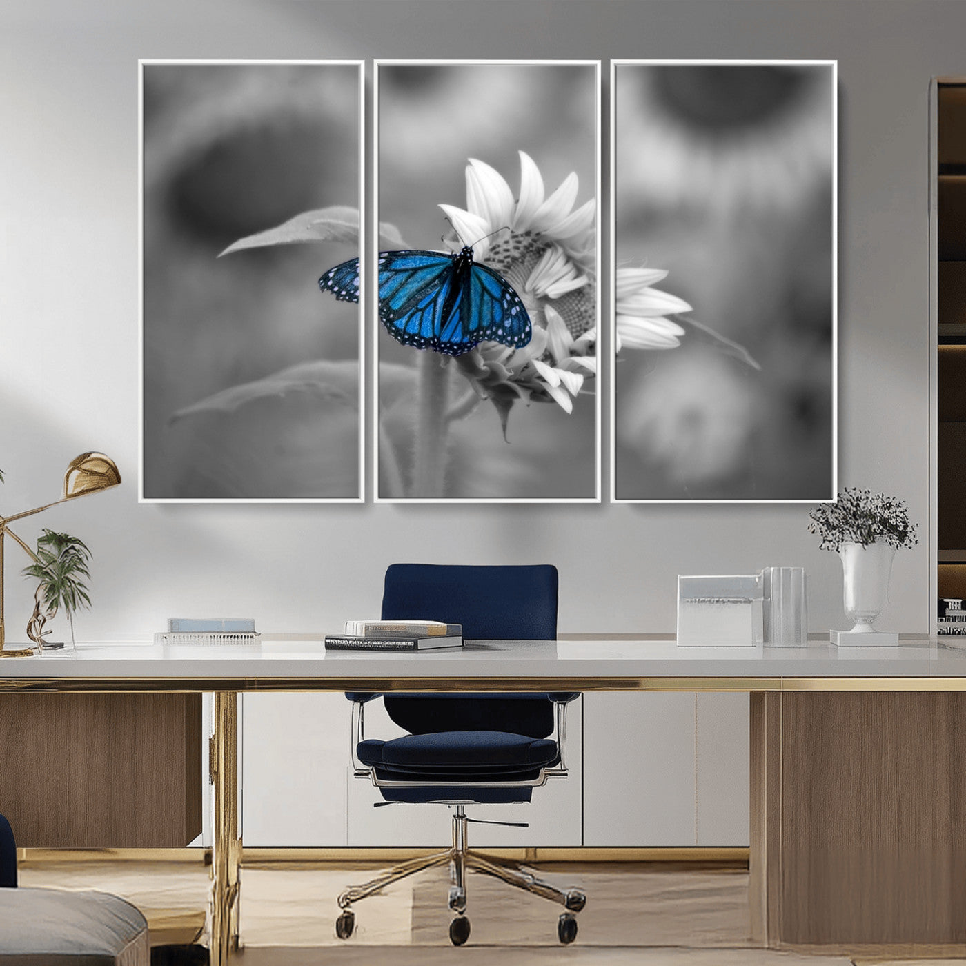 -Blue Butterfly Black and White Canvas Wall Art