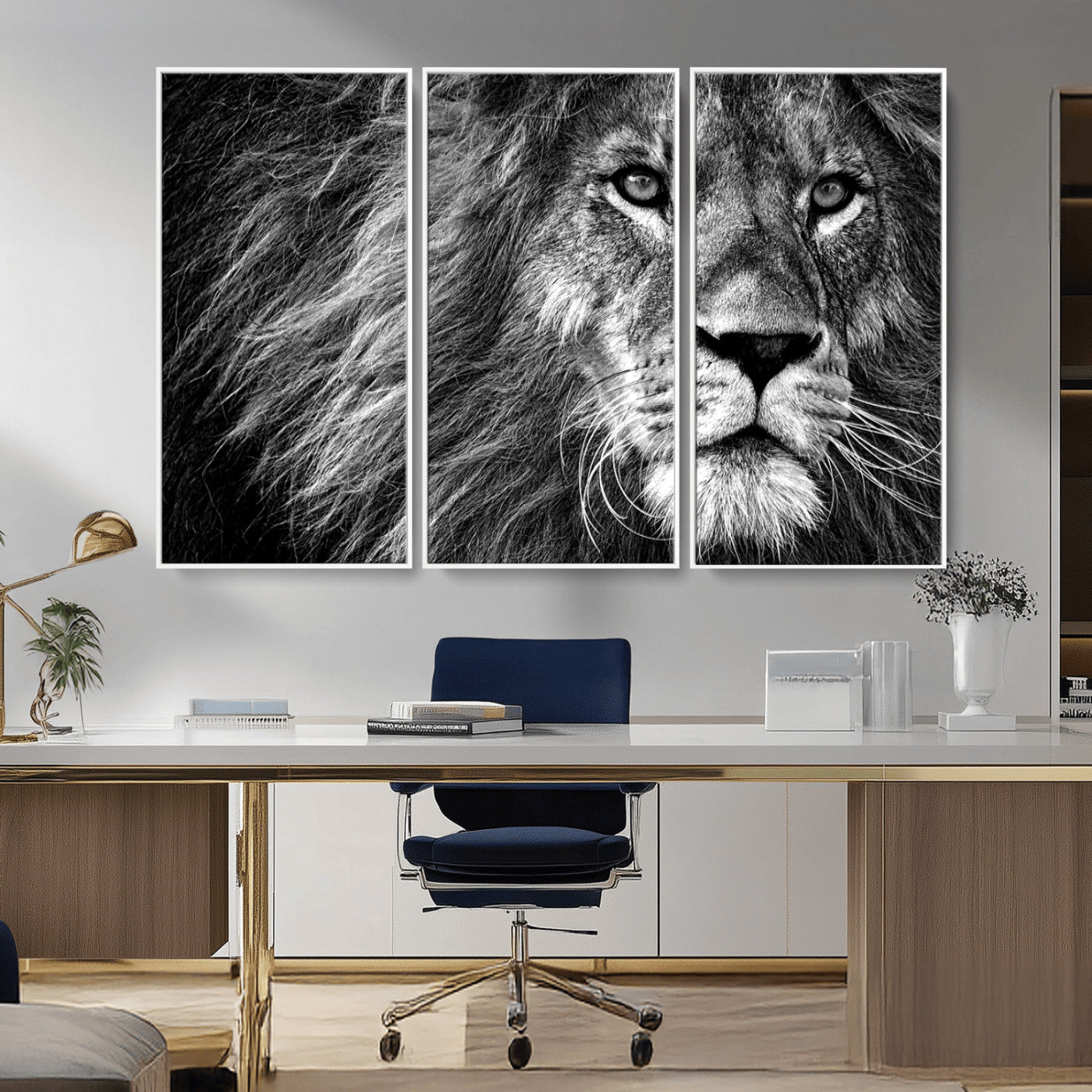 58363-MGV-FC-48X32-3P_White-Black and White Lion Canvas Wall Art Print – Wildlife Portrait Artwork for Home, Office, Living Room, Guest Room