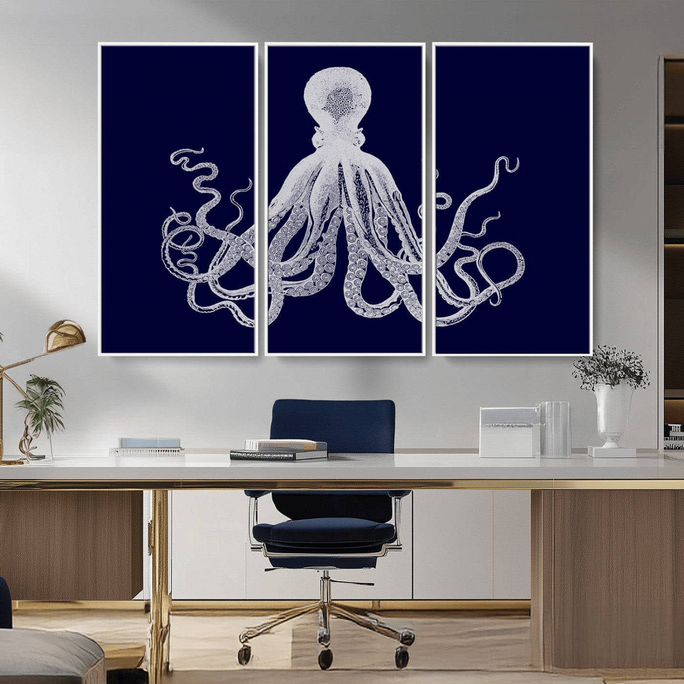 11865-MGV-FC-48X32-3P_White-Blue Octopus Wall Art Canvas Print