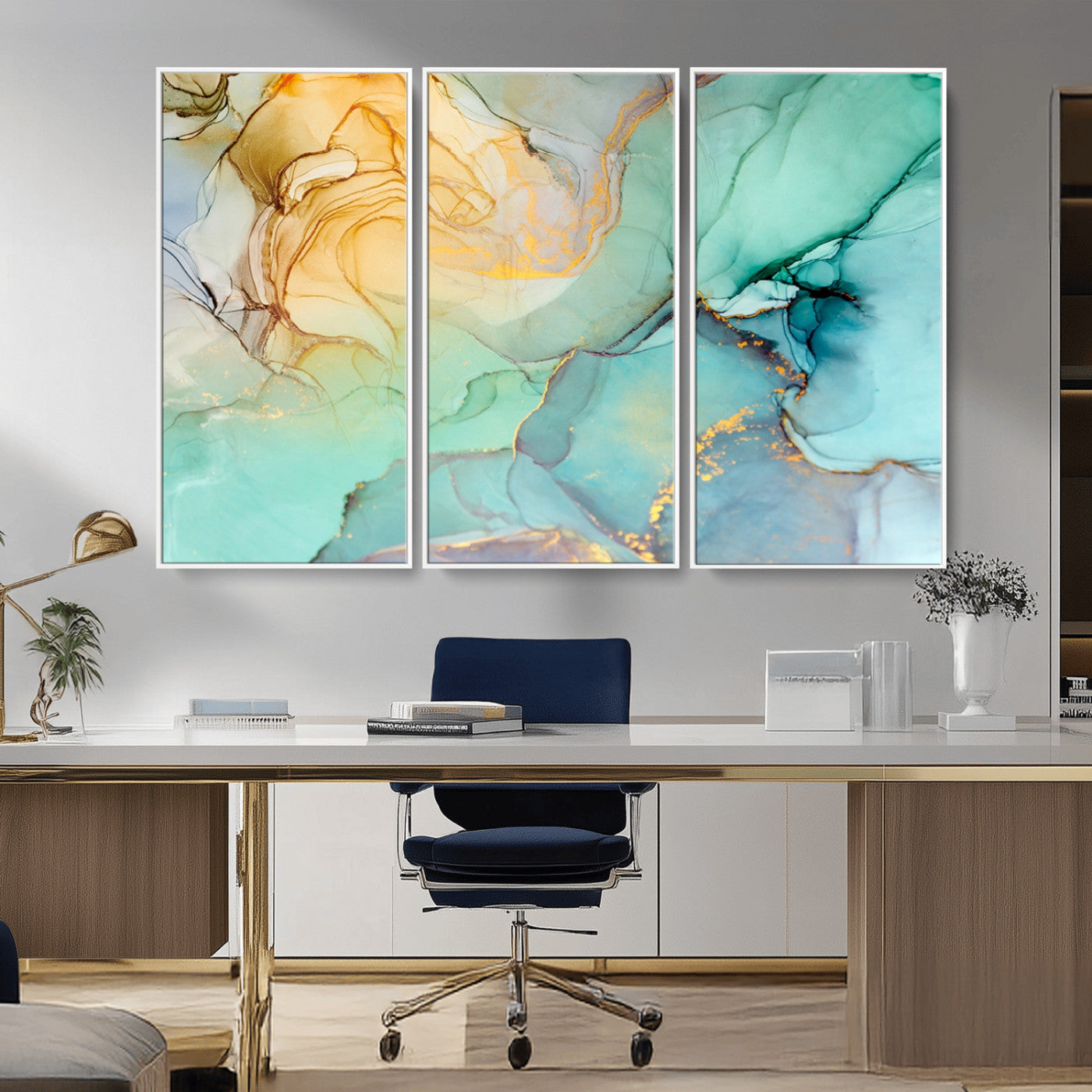 84233-MGV-CV-36X24-Abstract Aqua and Gold Fluid Wall Art Canvas | 3 Panel Large Canvas Print for Living Room, Office,
