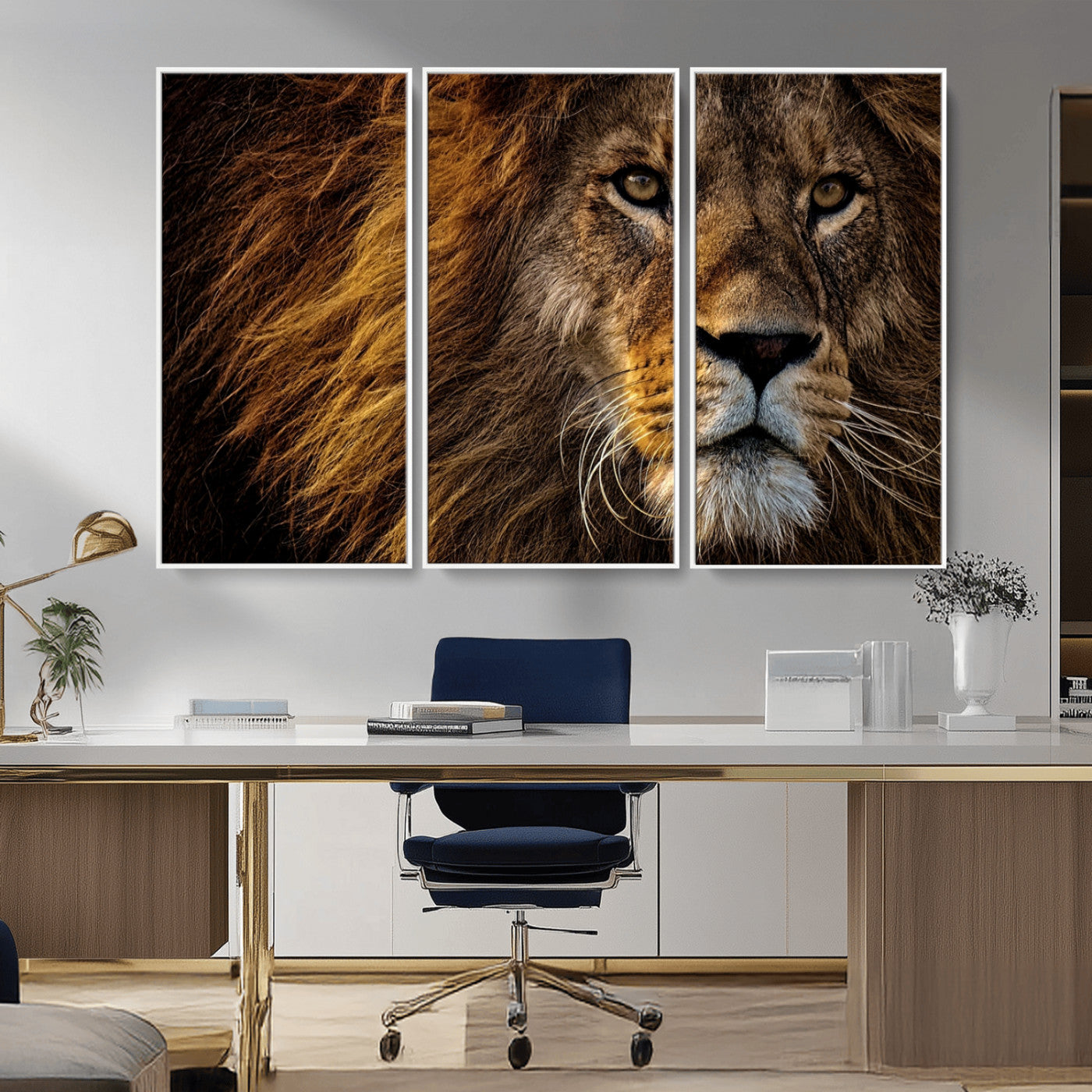 98665-MGV-FC-48X32-3P_White-Mighty Lion Wall Art Canvas Print – Majestic Animal Portrait Artwork for Home, Office, Living Room, Guest Room