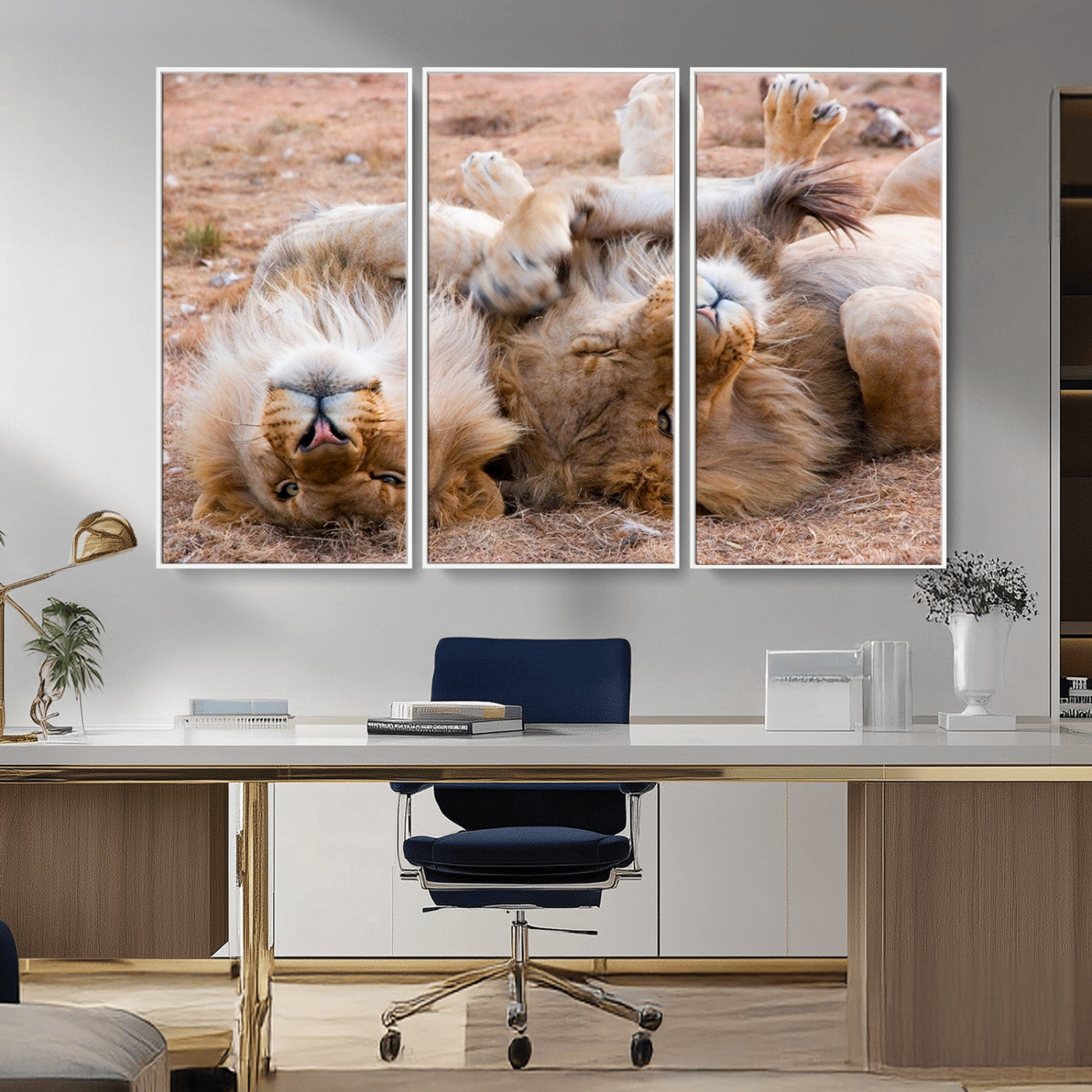 -Lion Pair Wall Art Canvas Print – Framed Wildlife Scene with Playful Lions Artwork for Home, Office, Living Room