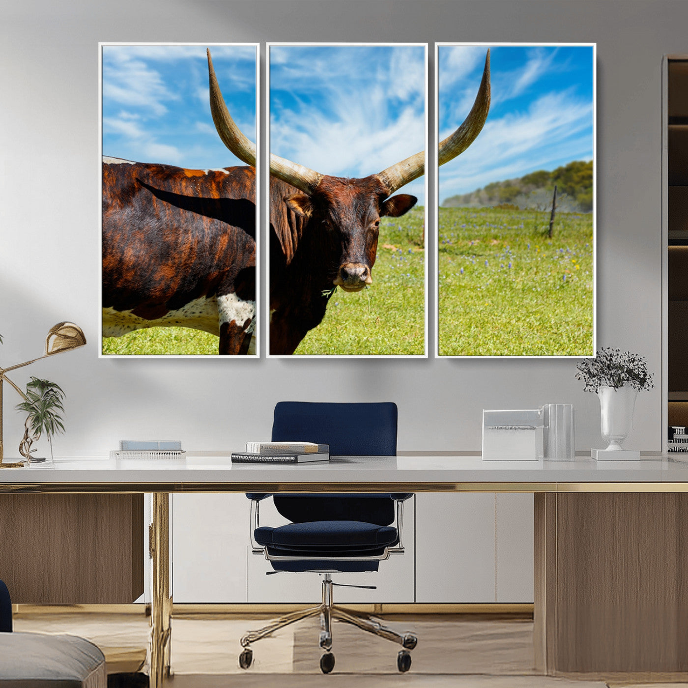47037-MGV-FC-48X32-3P_White-Longhorn and Cow Wall Art, Country Cow Wall Decor Canvas Print
