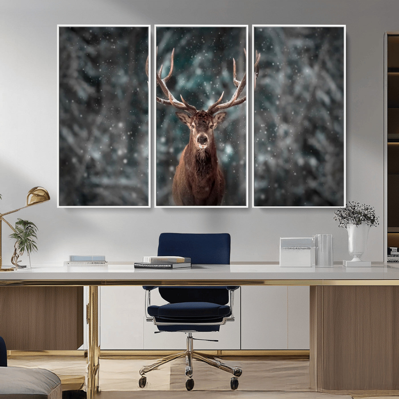 77011-MGV-FC-48X32-3P_White-Wall Art Deer Art Animal Canvas, Framed Wall Art Deer Canvas Print
