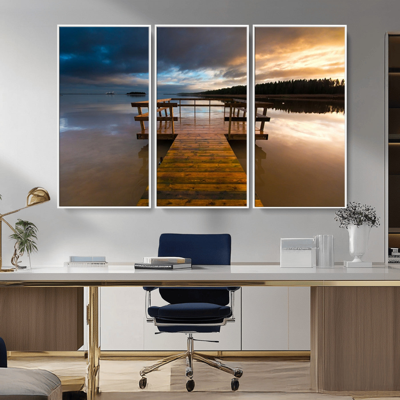 -Serene Lake Pier at Sunset Canvas Print | Landscape Canvas Print | Ready to Hang and Framed Wall Art