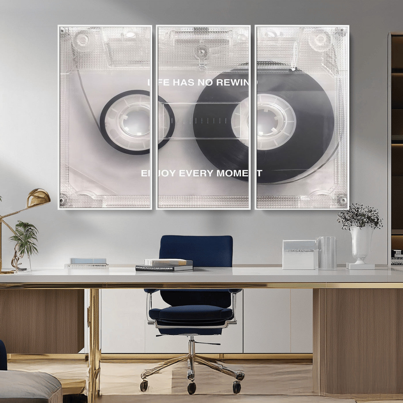 -Vintage Cassette Tape Canvas Wall Art - Inspirational 'Life Has No Rewind' Quote, Retro Music Decor