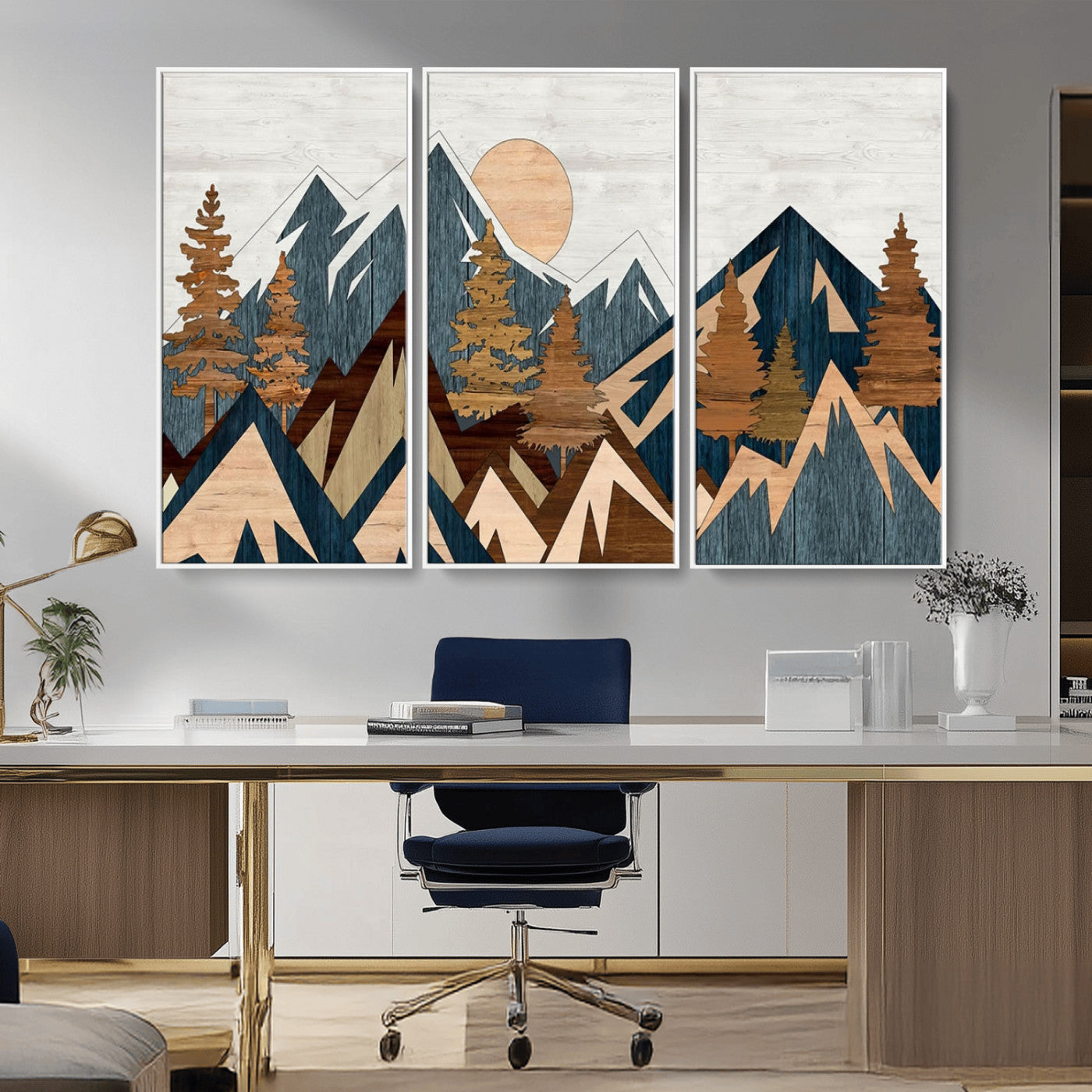91467-MGV-CV-36X24-Abstract Wood Panel Effect Mountain Range Top Wall Art Canvas Print