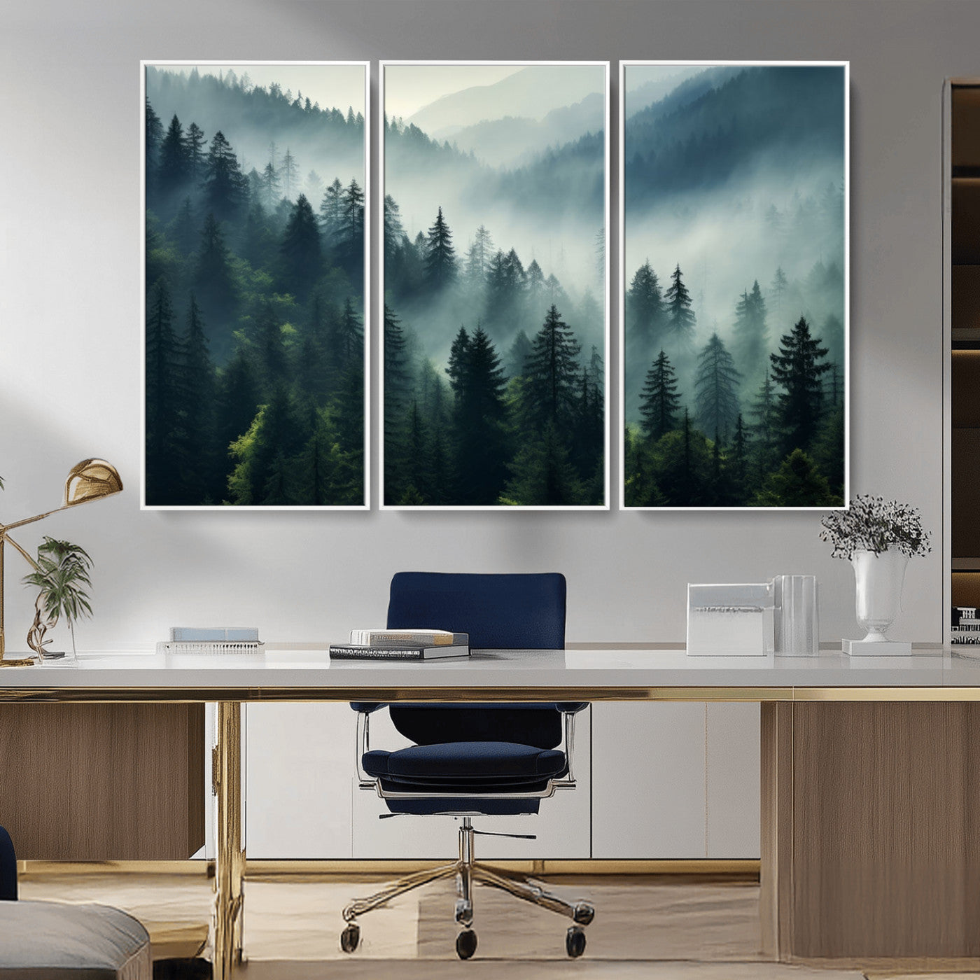 17687-MGV-FC-48X32-3P_White-Captivating Misty Forest Wall Art Premium Canvas Print a Foggy and Serene Atmosphere Art