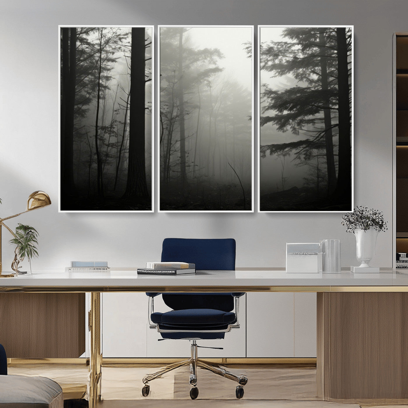 63515-MGV-FC-48X32-3P_White-Misty Forest Wall Art Premium Canvas Print a Foggy and Serene Atmosphere - Nature Wall Art