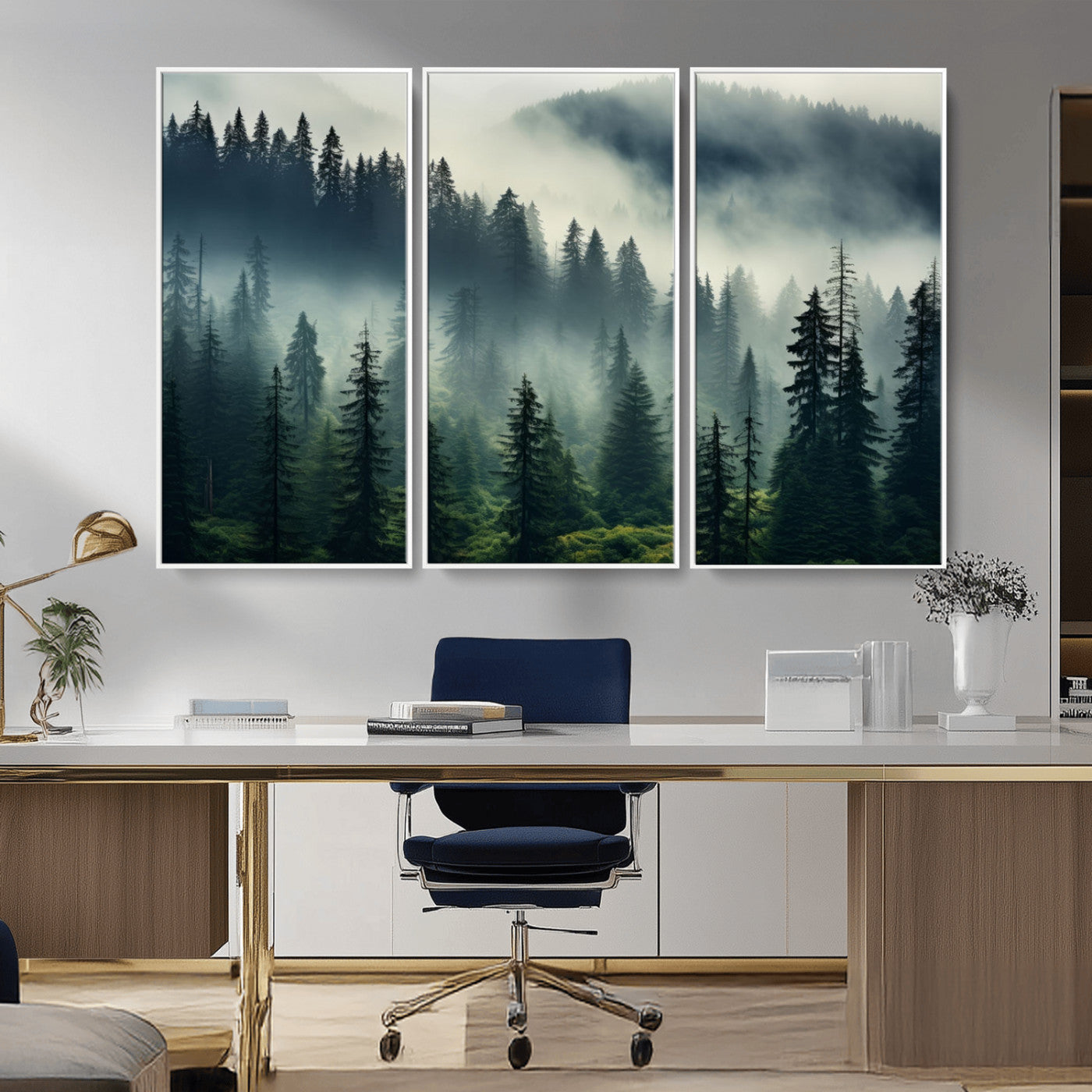 48606-MGV-FC-48X32-3P_White-Captivating Misty Forest Wall Art Premium Canvas Print a Foggy and Serene Atmosphere