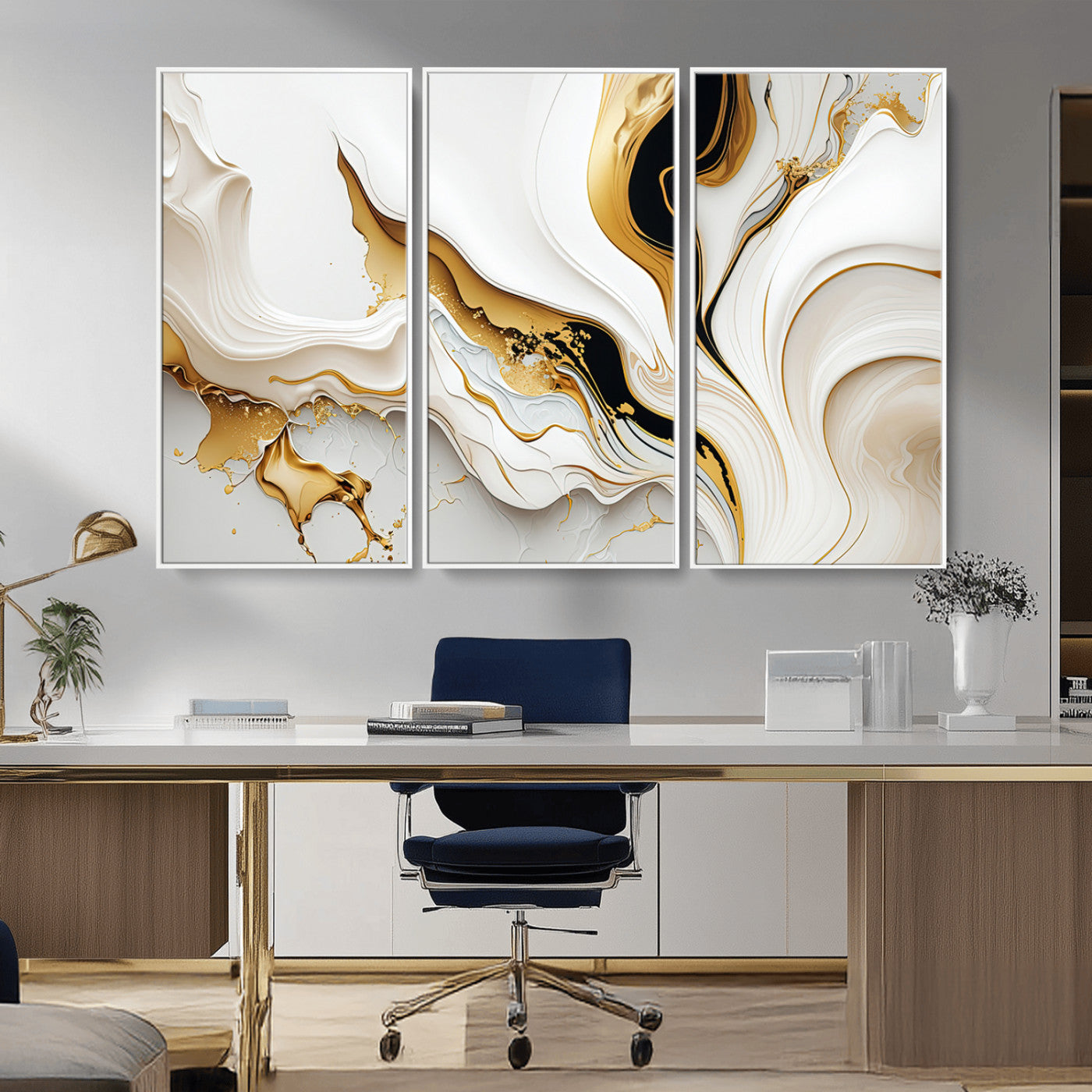 98637-MGV-FC-48X32-3P_White-Gold Waves on Pure White Canvas – Gold Abstract Art for Modern Interiors | Wall Art Canvas, Framed &