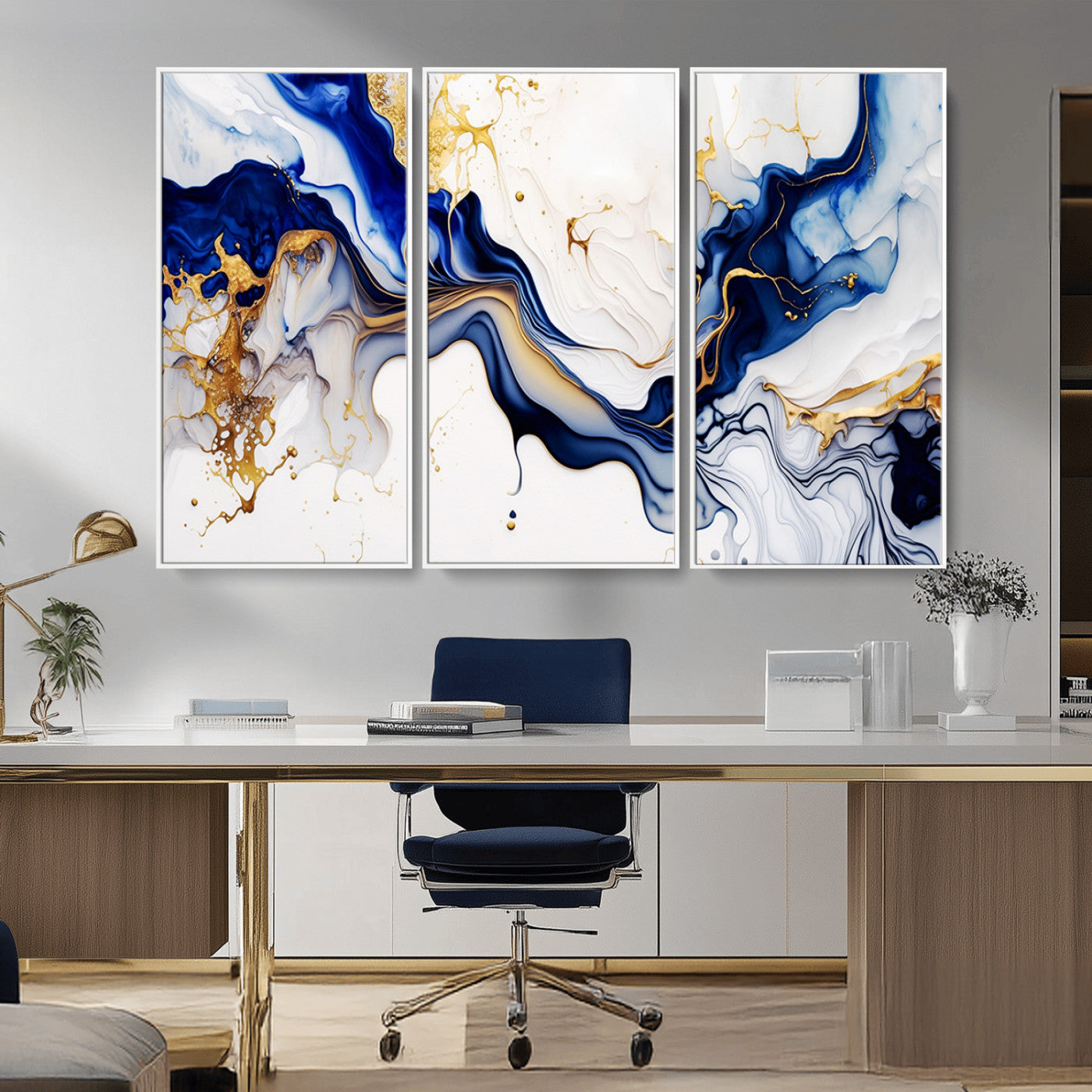 93392-MGV-CV-36X24-Golden Cascades on Midnight Blue – Deep Blue Abstract Wall Art Flowing Elegance | Wall Art Canvas,