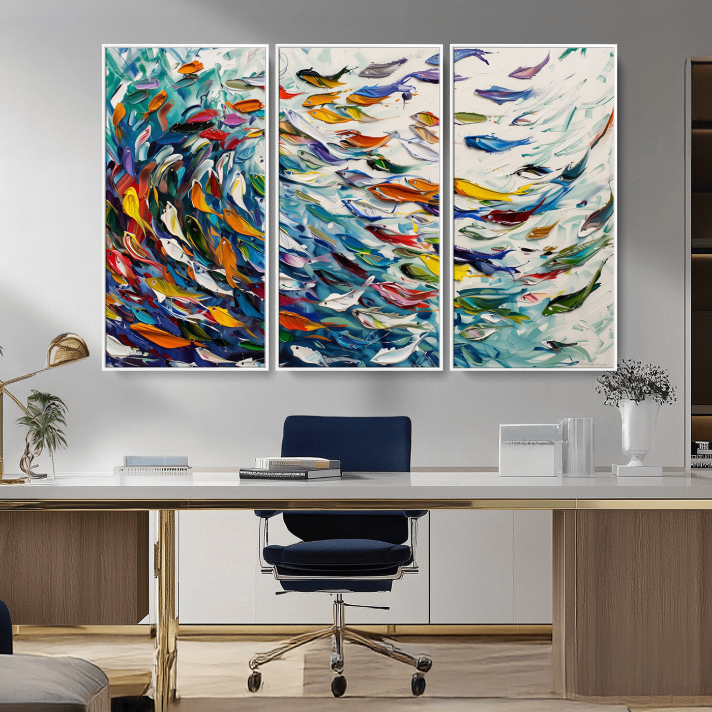 -Modern Abstract Fish Shoal Wall Art Canvas Print, Colorful Fish Herd Painting on Canvas Print, Ocean