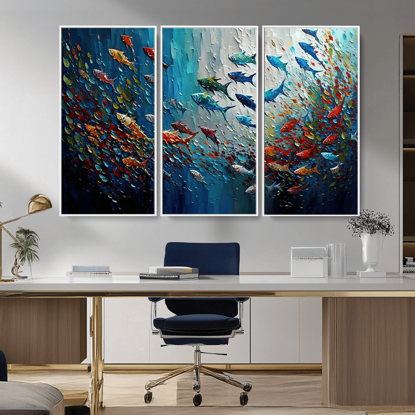 -Modern Abstract Fish Shoal Wall Art Canvas Print, Colorful Fish Herd Painting on Canvas Print, Ocean