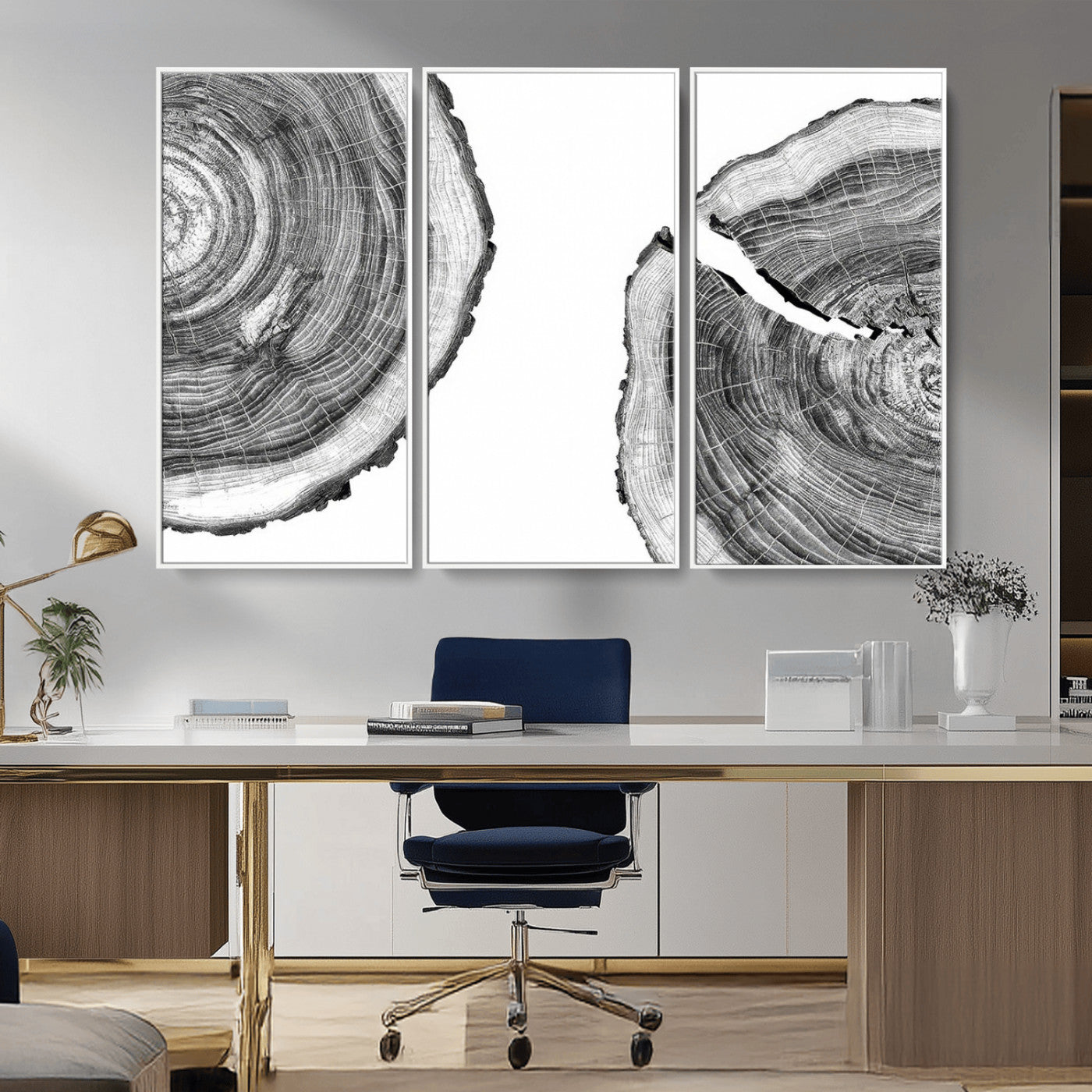 52770-MGV-CV-36X24-Abstract Large Tree Rings – Minimalist Black and White Wood Art | Triptych Canvas, Modern Wall Decor