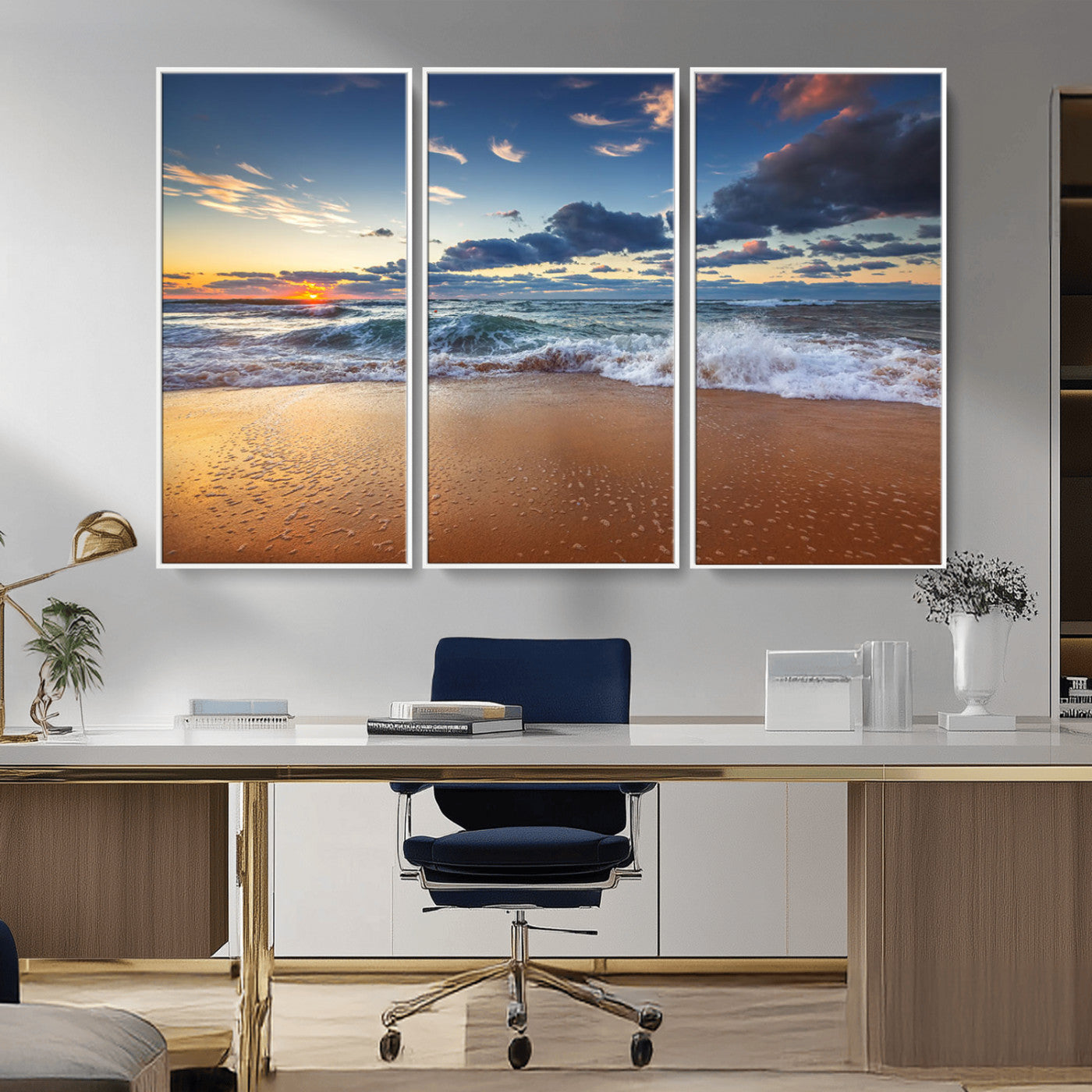 85899-MGV-FC-48X32-3P_White-Beach Canvas Wall Art - Coastal Seascape Print for Living Room or Bedroom, Ocean Waves on Sand,