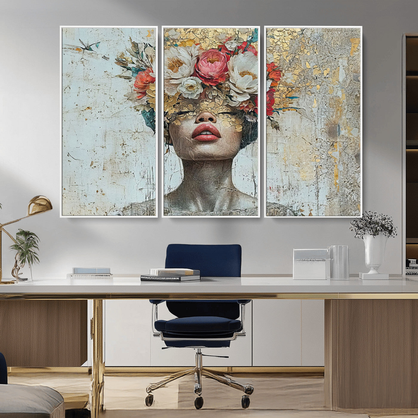 26919-MGV-CV-36X24-Golden Petal Wall Art Canvas Print - Silhouette Woman Wall Art Canvas Print, Floral Woman Portrait