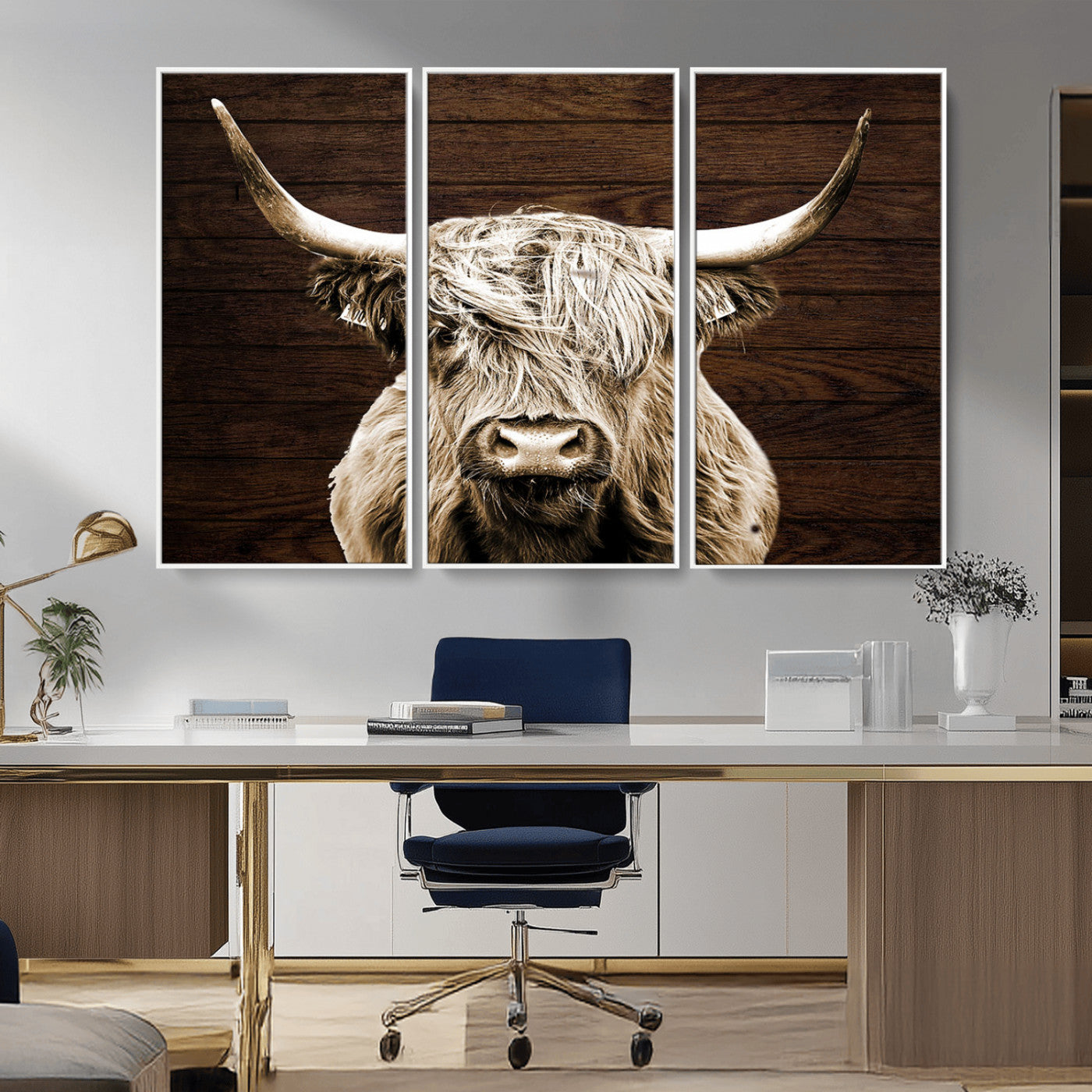27892-MGV-FC-48X32-3P_White-Highland Cow Wall Art Canvas Print, Rustic Farmhouse Decor, Majestic Scottish Highland Bull Portrait