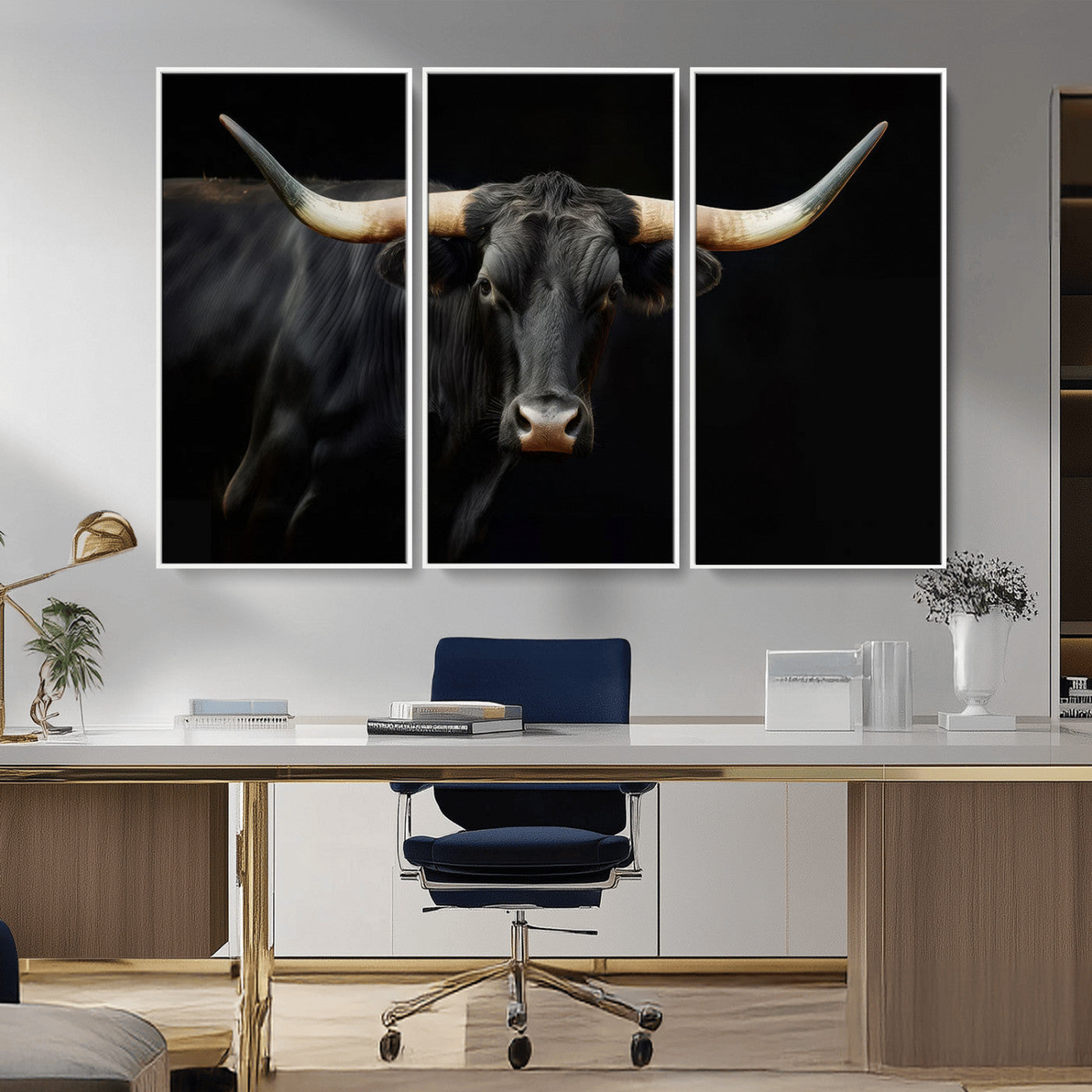 63798-MGV-FC-48X32-3P_White-Black Bull Wall Art – Majestic Longhorn Canvas Print with Dark Background, Rustic Western Farmhouse Decor for Living Room or Office