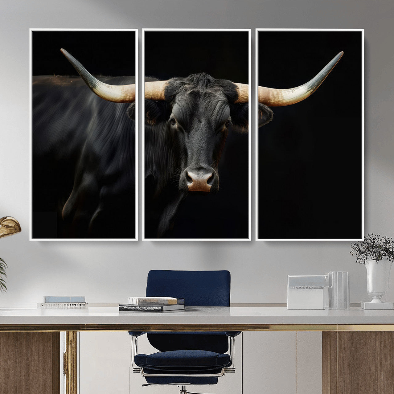 63798-MGV-CV-36X24 - Texas Longhorn Cow | Majestic Black Bull Wall Art Canvas Print - Farmhouse Animal Decor - Ready to