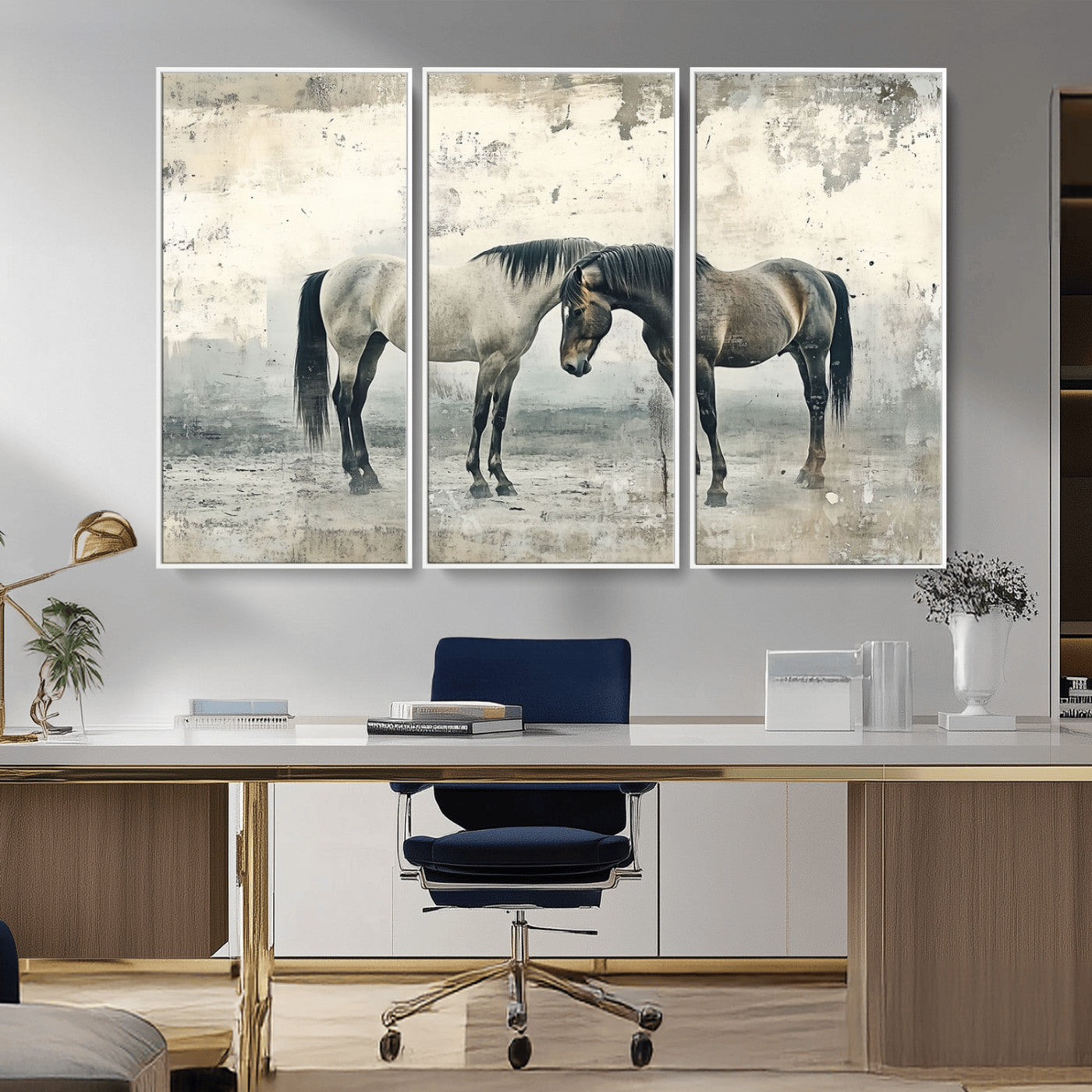 -Chines Style Majestic Horses Wall Art | Ready to Hang and Framed Triptych Print | Western Farmhouse