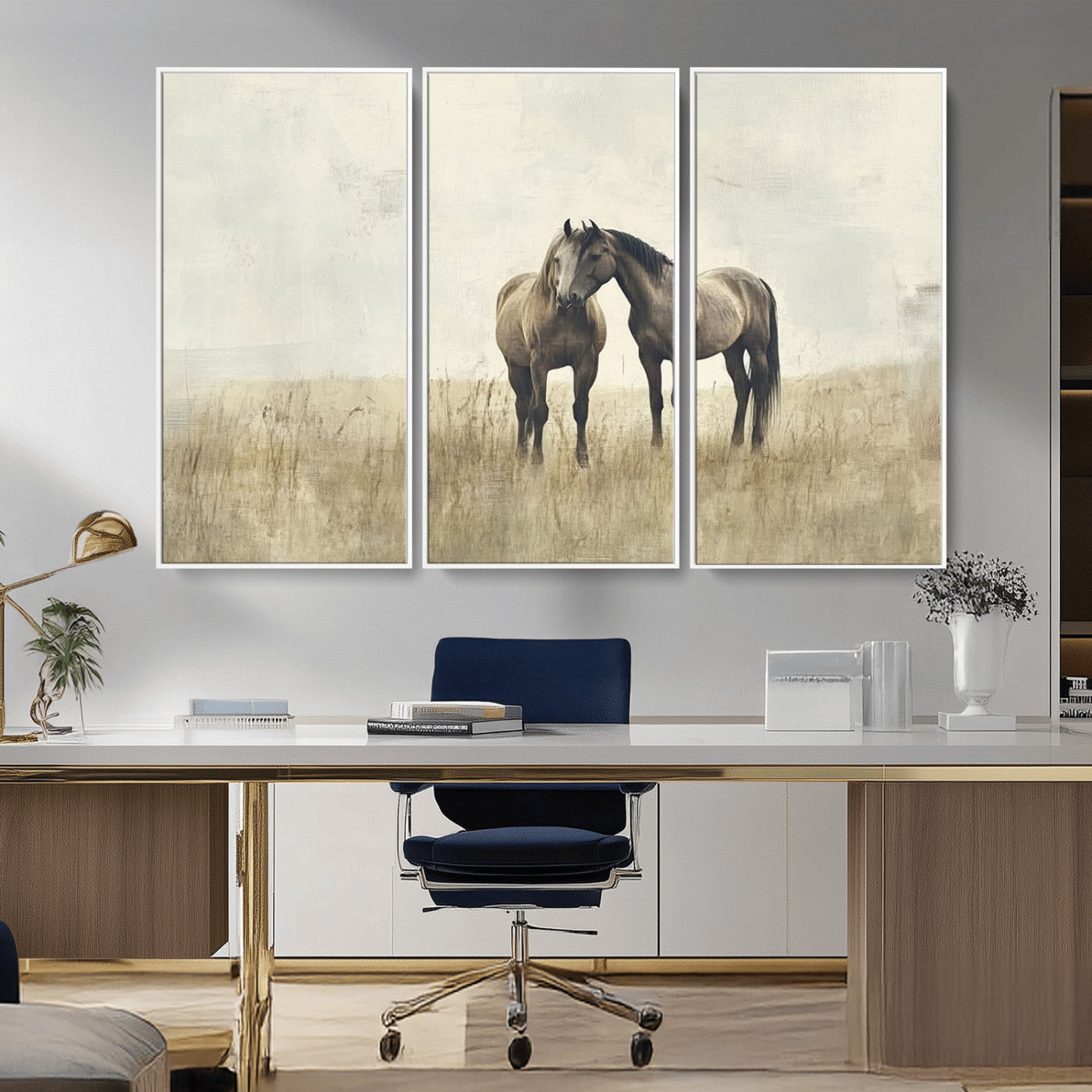 -Chines Style Grunge Horses Wall Art Canvas Print