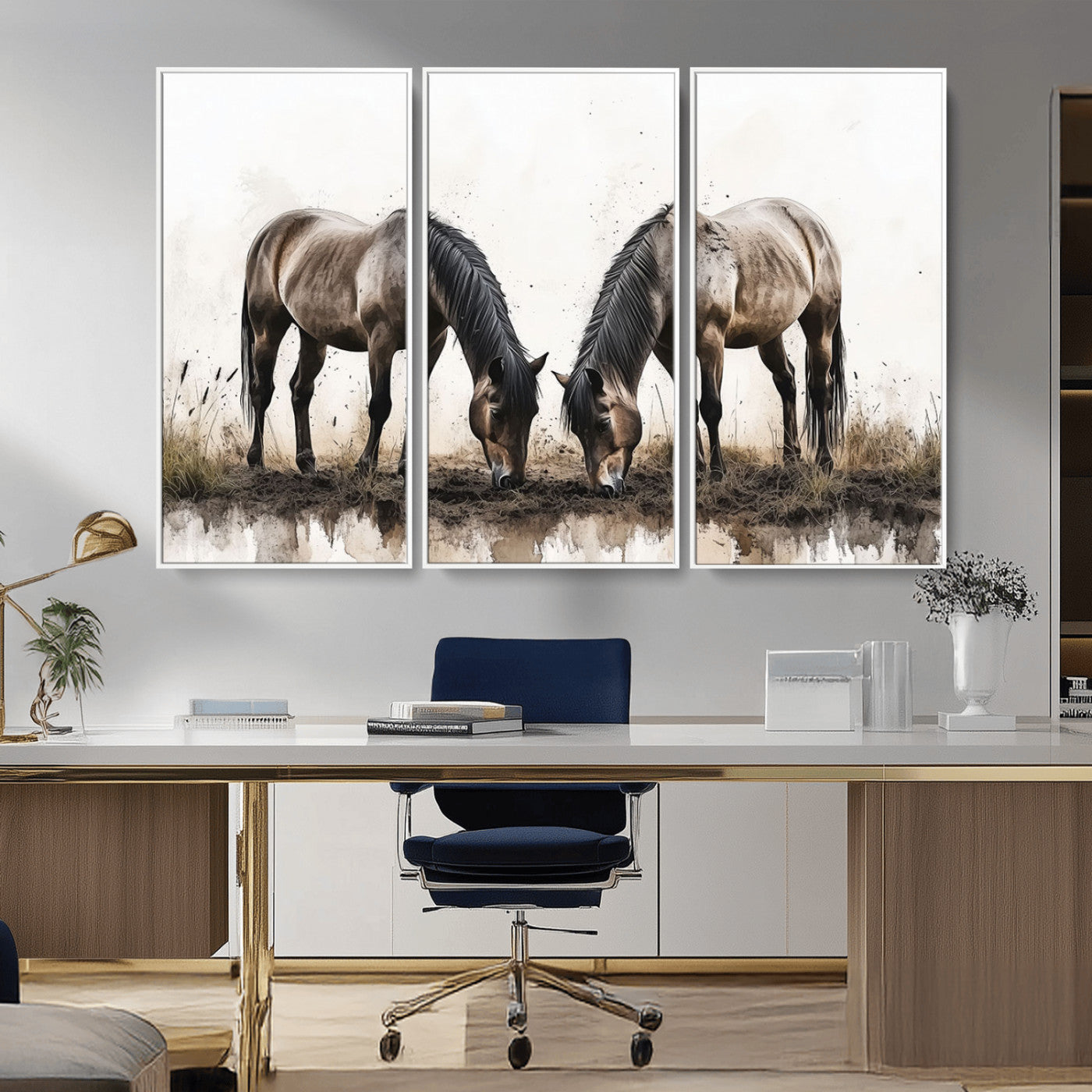 71729-MGV-FC-48X32-3P_White-Chines Ink Style Horses Wall Art Canvas Print