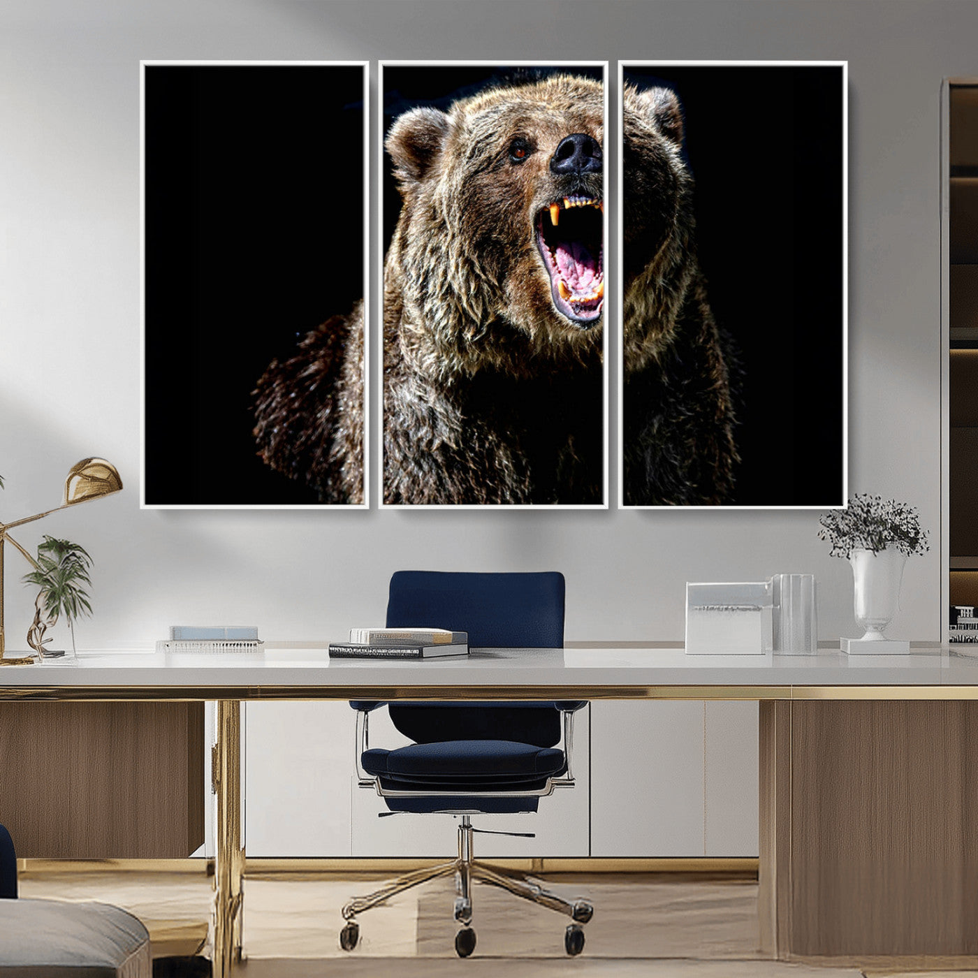 17625-MGV-FC-48X32-3P_White-Grizzly Bear Canvas Print | Wildlife Wall Art for Cabin Decor | Ready to Hang Framed
