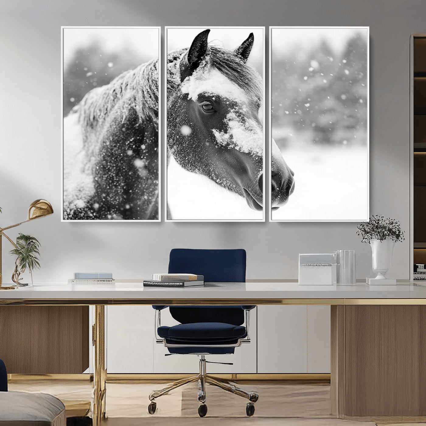 13358-MGV-CV-36X24-Black Horse Winter Wall Art | Ready to Hang and Framed | Farmhouse and Western Wall Decor for Living Room