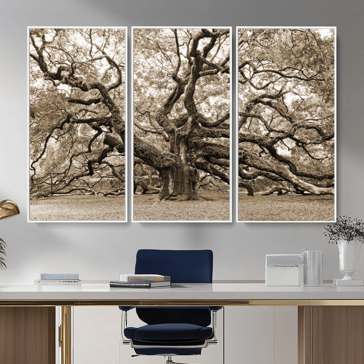 51126-MGV-CV-36X24 - Sepia Framed Angel Oak Tree Wall Art - 3-Panel Canvas Prints, Large Green Nature Artwork, Ready to