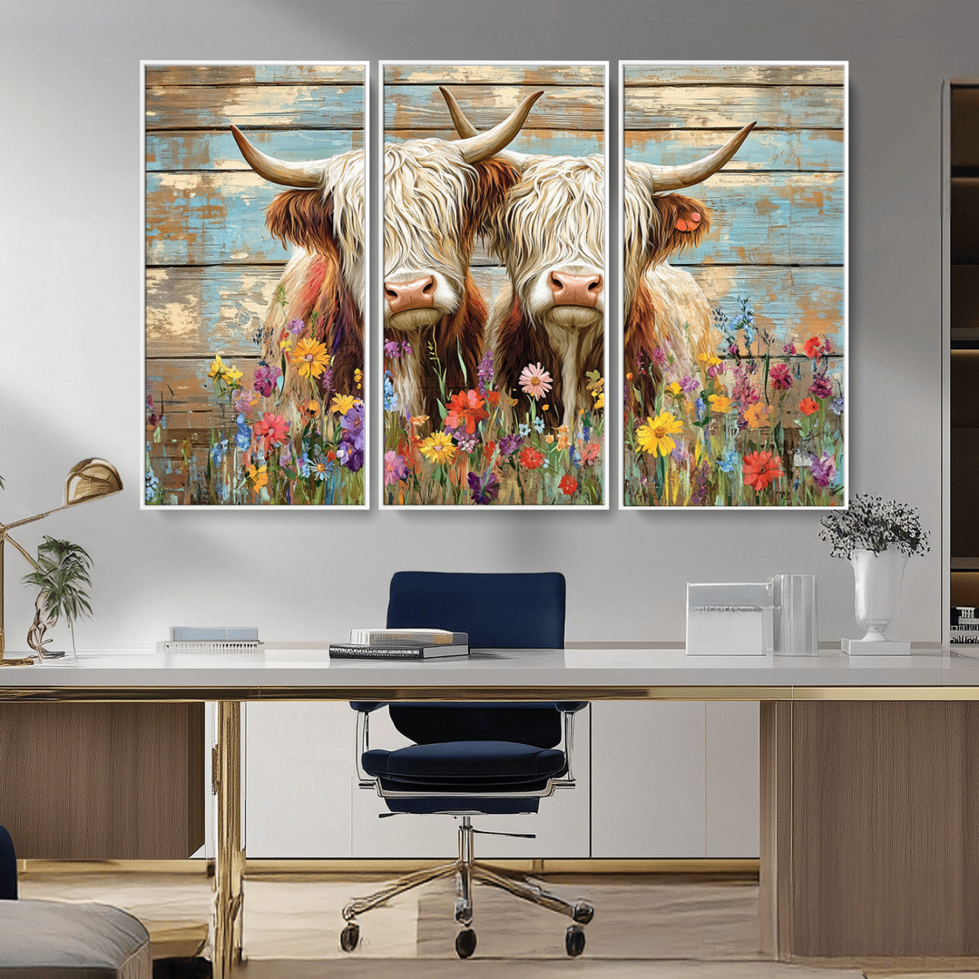 36972-MGV-FC-48X32-3P_White-Cute Highland Cow Canvas Wall Art - Rustic Farmhouse Decor with Colorful Flowers Perfect Wall Art