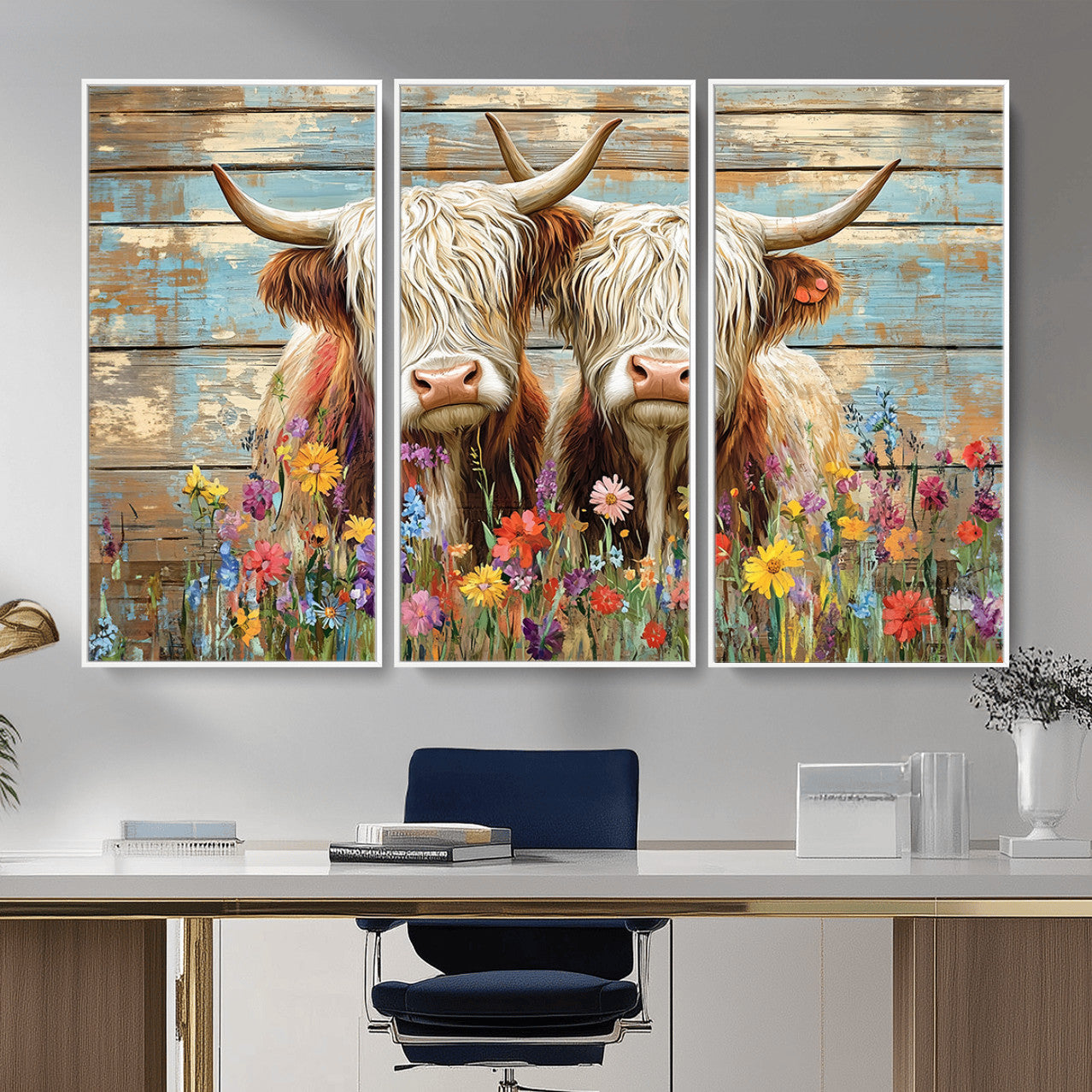 36972-MGV-CV-36X24 - Cute Highland Cow Canvas Wall Art - Rustic Farmhouse Decor with Colorful Flowers Perfect Wall Art
