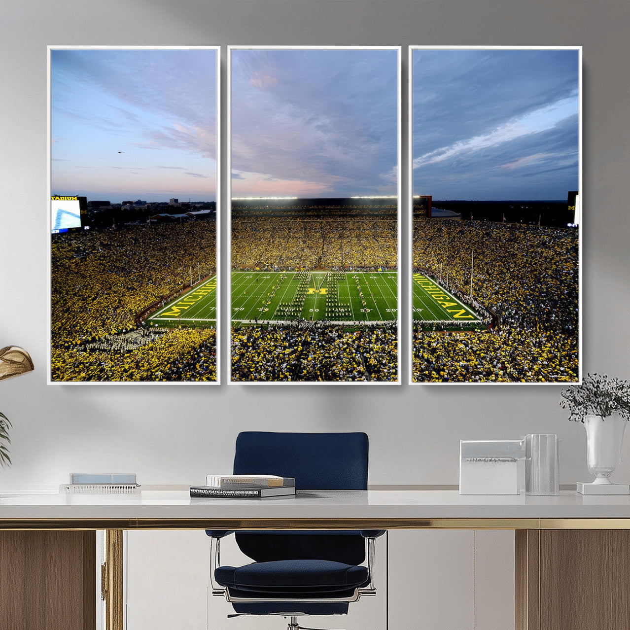 82641-MGV-FC-48X32-3P - Michigan Stadium Wall Art Canvas Print, Vibrant Game Day Crowd and Sunset Sky Football Field Artwork for Home, Office