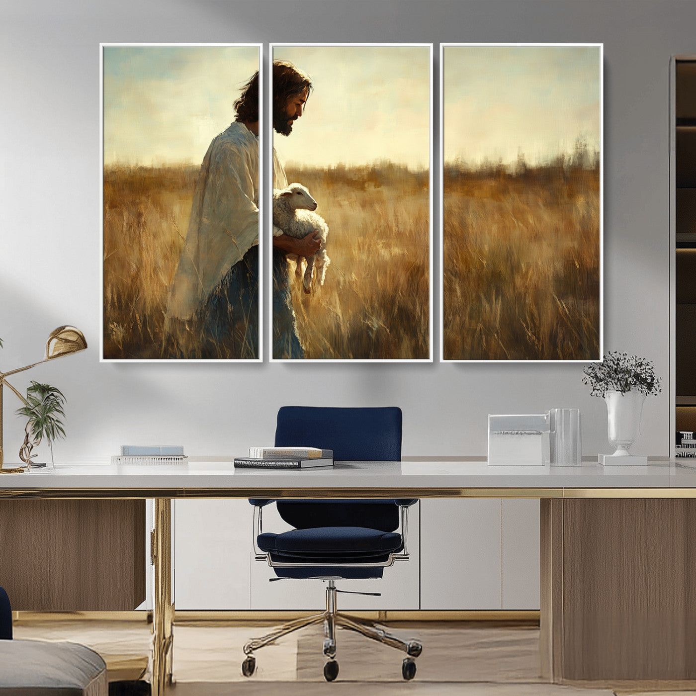 53873-MGV-FC-48X32-3P_White-Jesus the Good Shepherd Wall Art Canvas Print - Inspirational Christian Religious Print for Prayer