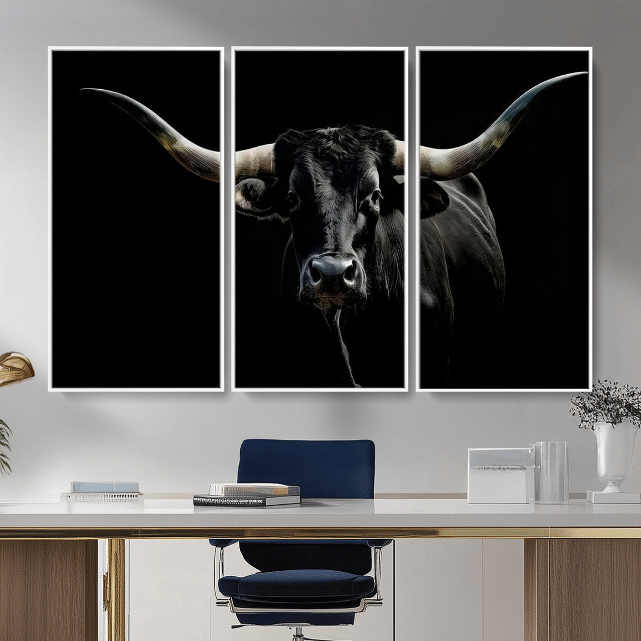 20679-MGV-CV-36X24 - Texas Black Longhorn Bull Wall Art Canvas Print - Western Texas Cattle Rustic Decor Print - Longhorn
