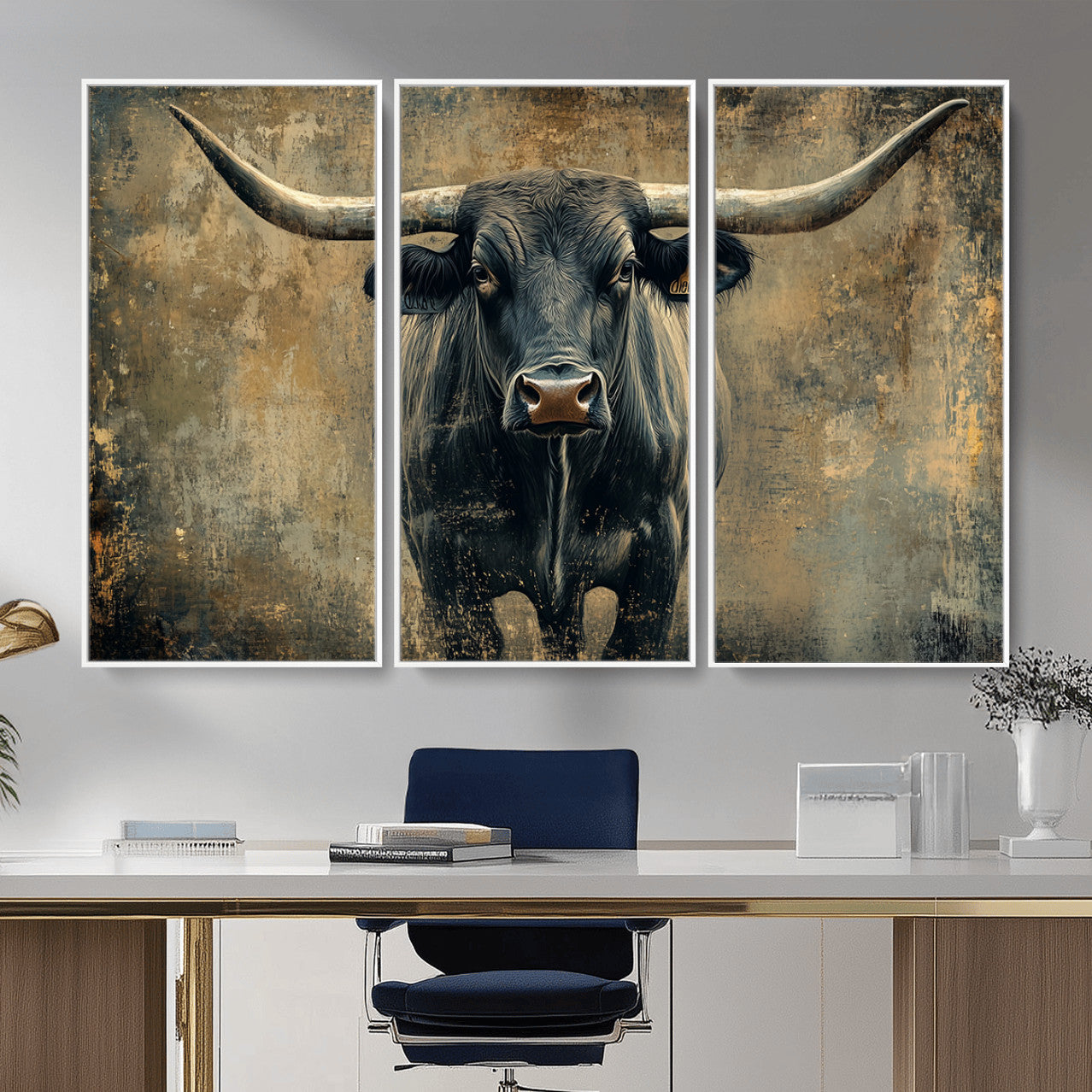 57385-MGV-CV-36X24 - Longhorn Bull Wall Art Canvas Print, Framed Rustic Cow Art Picture Print, Texas Longhorn Perfect Western Decor Artwork