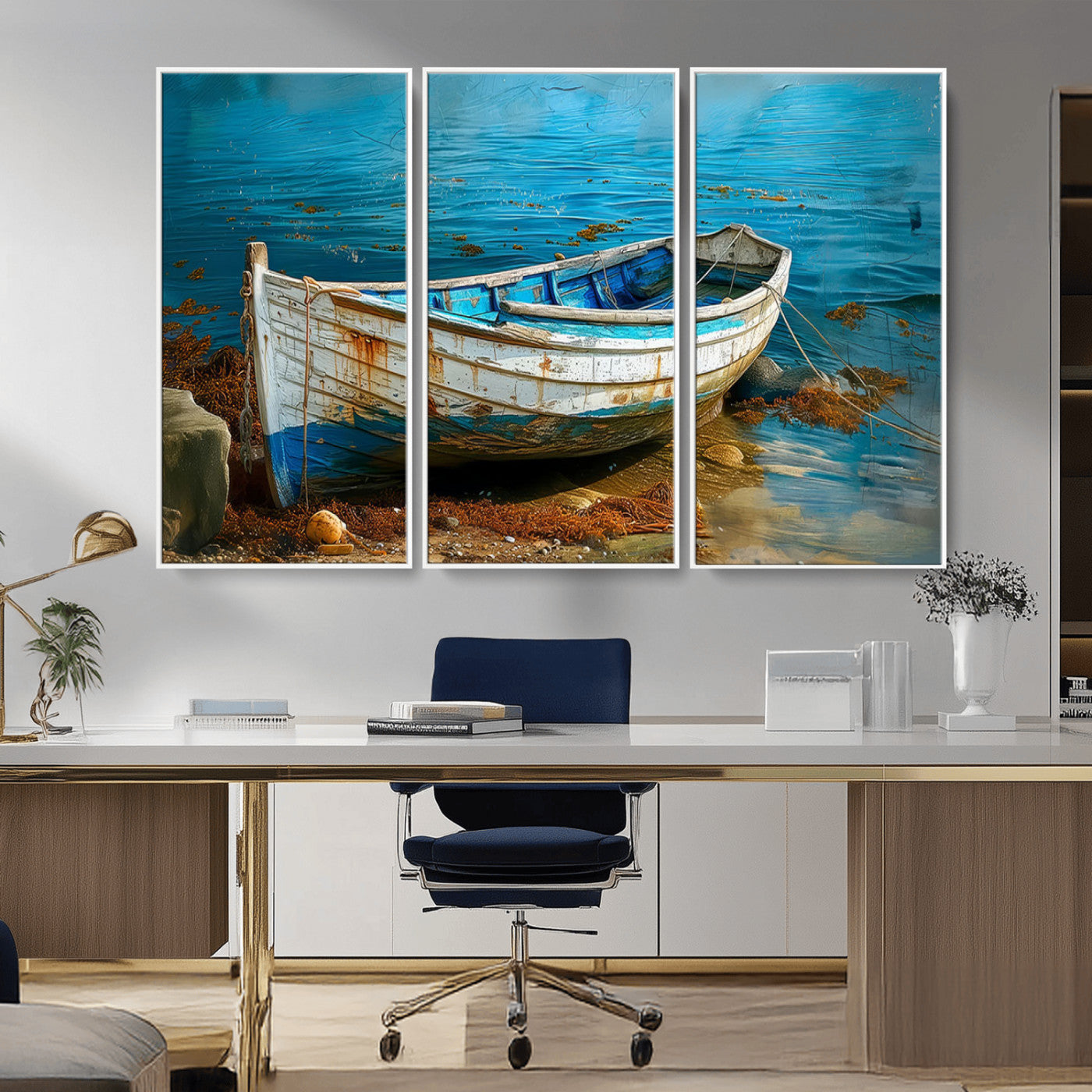 54716-MGV-CV-36X24-Vintage Boat on Tranquil Waters | Coastal Wall Art for Nautical Decor | Rustic Triptych Canvas Print