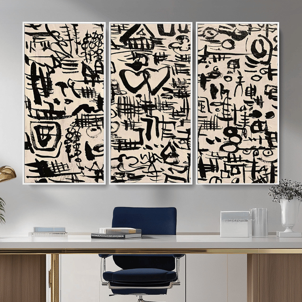 68273-MGV-FC-48X32-3P - Abstract Love and Chaos Canvas Print, Black Symbols on Beige