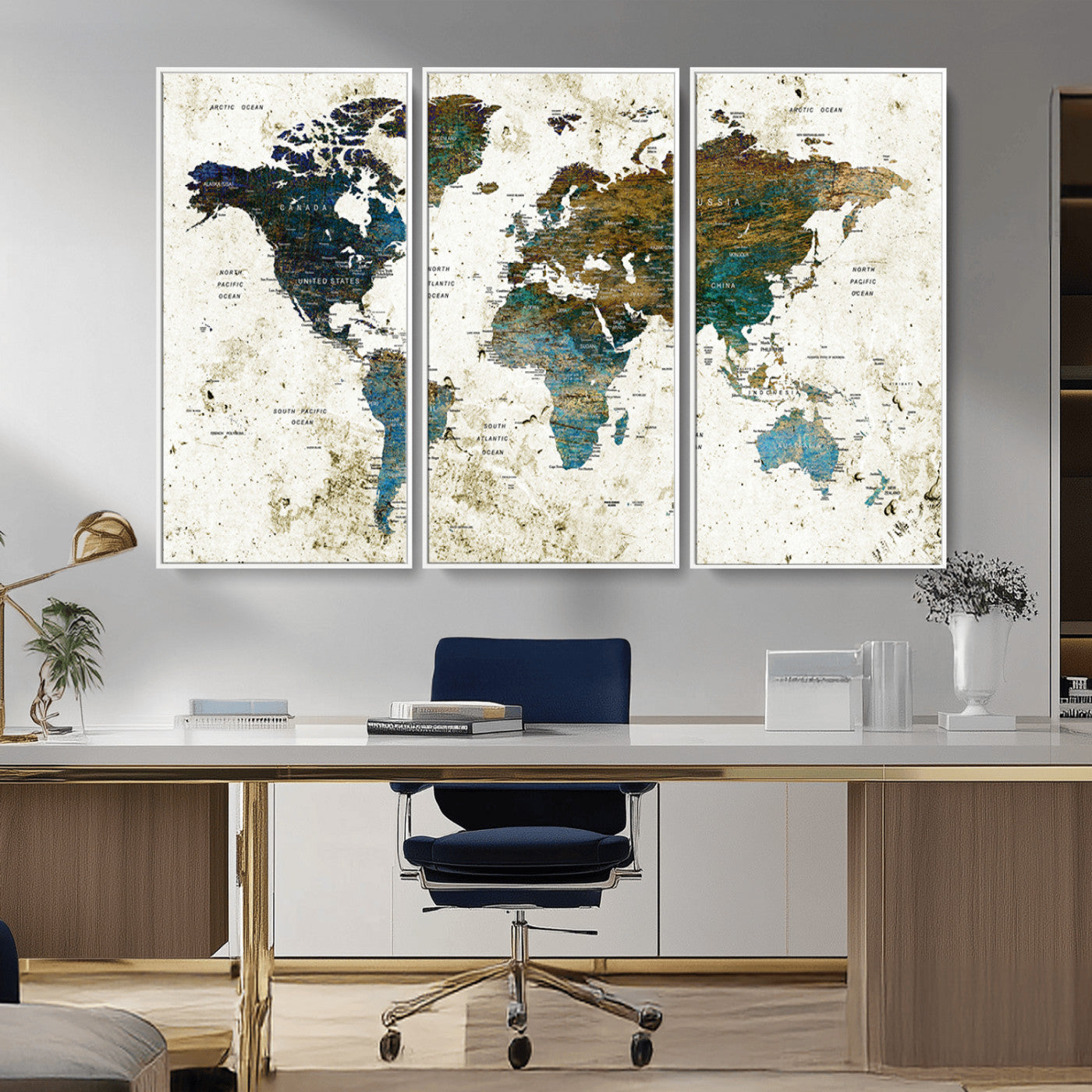 89176-MGV-CV-36X24-Vintage Blue and Brown World Map Canvas Wall Art – Framed Rustic Map Print, Earth Tone Travel Decor for Stylish Home and Office Walls