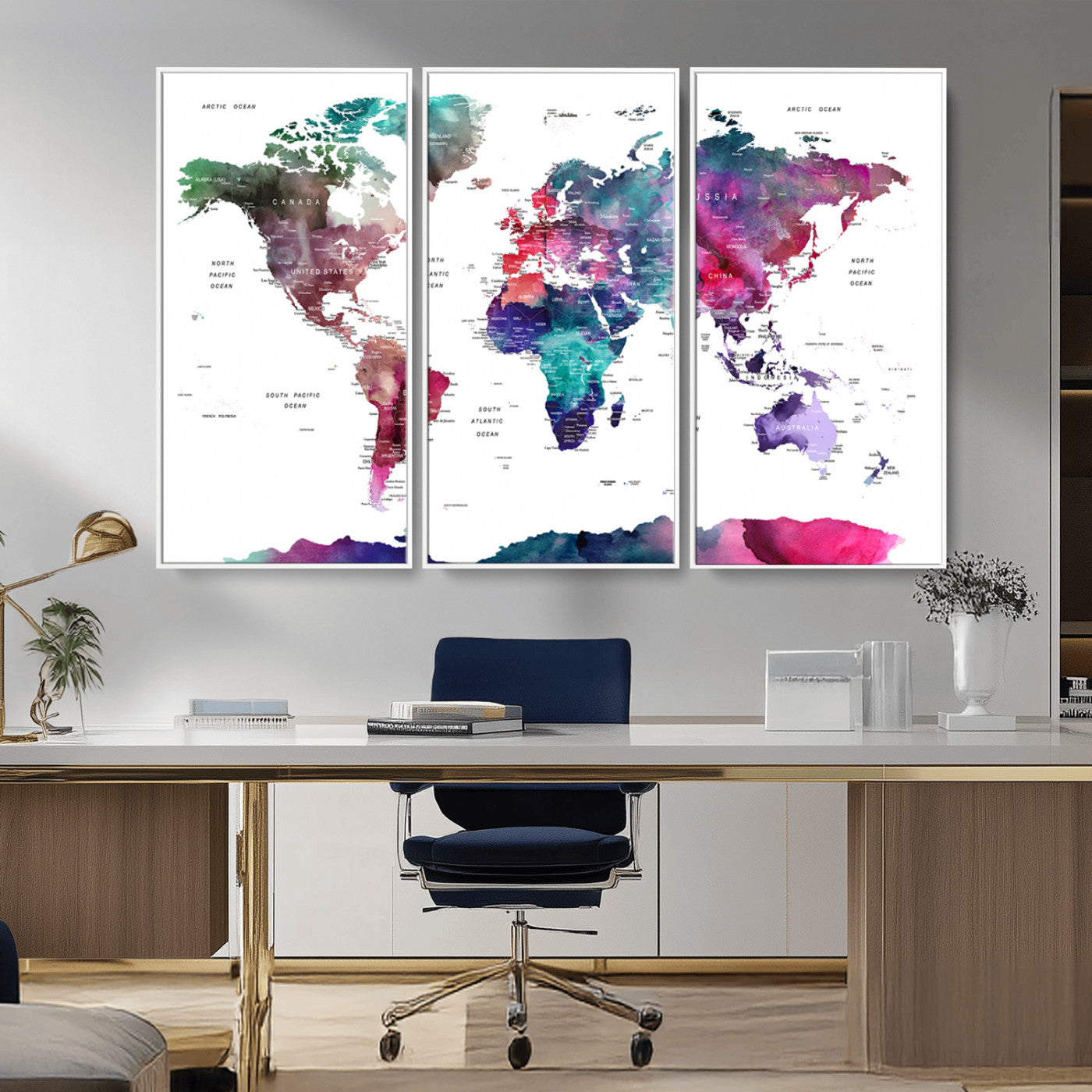 78176-MGV-CV-36X24-Colorful Watercolor World Map Canvas Wall Art – Framed Modern Map Print, Vibrant Travel Inspired Artwork for Home and Office Decor