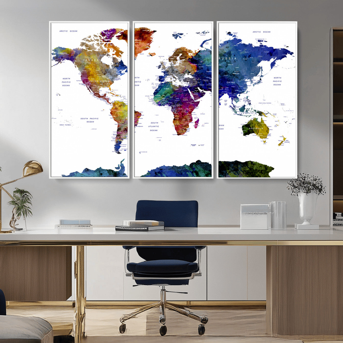 90446-MGV-CV-36X24-Colorful Watercolor World Map Canvas Wall Art – Framed Modern Push Pin Travel Map for Home and Office Decor
