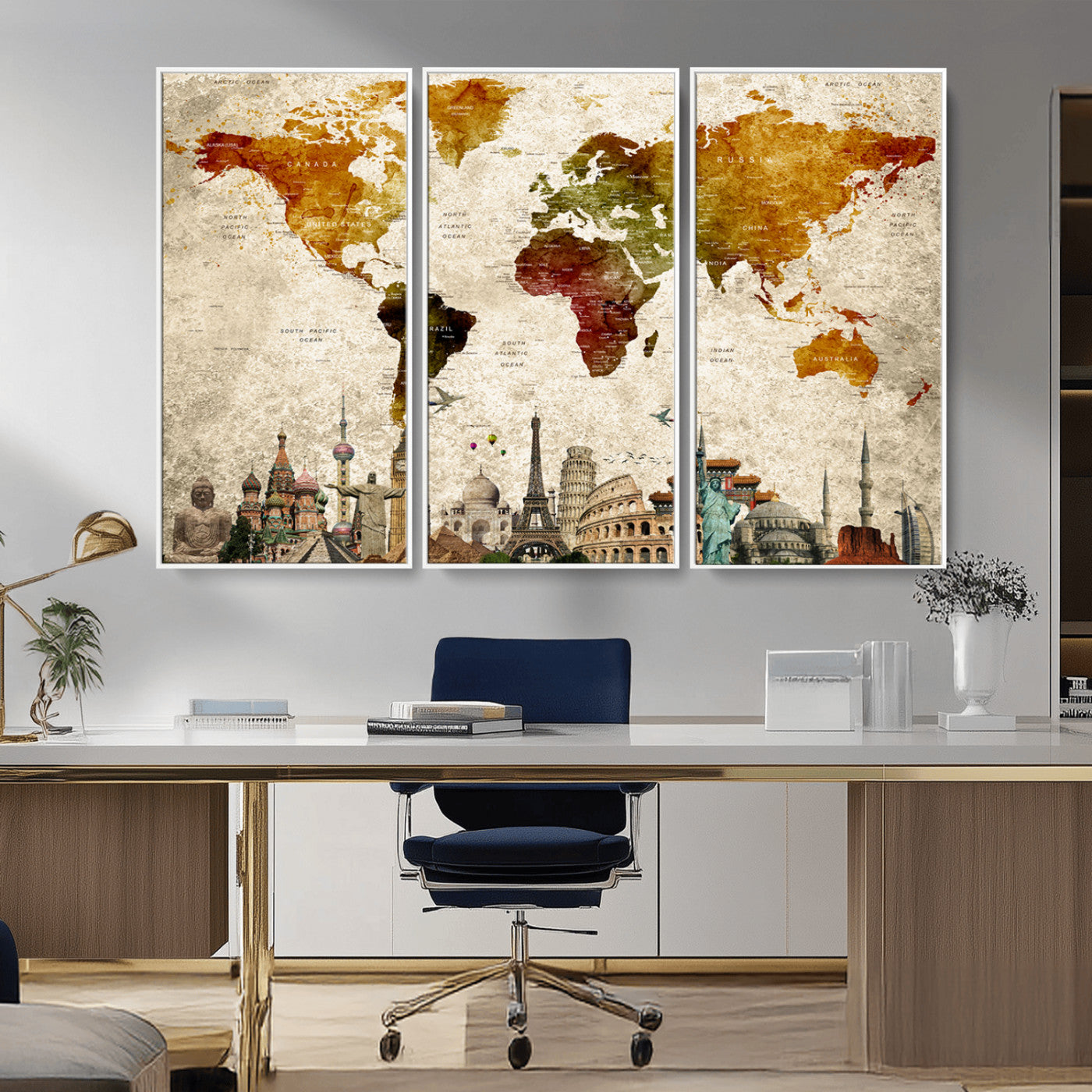 40637-MGV-FC-48X32-3P_White-Push Pin World Map Canvas Print – Framed Travel Map Wall Art for Couples, Anniversary Gift, Modern Home or Office Decor